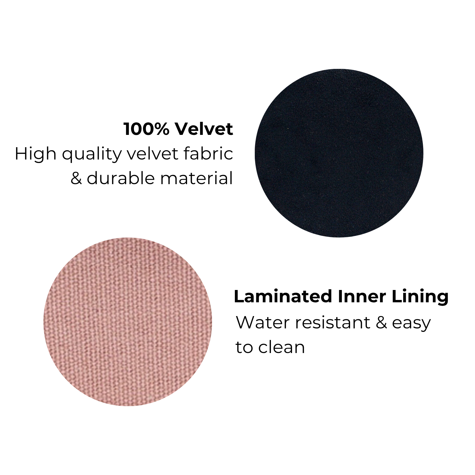 Close-up of fabric samples showing black velvet and pink laminated lining for Pill Box with Handle & Weekly Pill Organizer – Eco Velvet – Black by Bag-all.