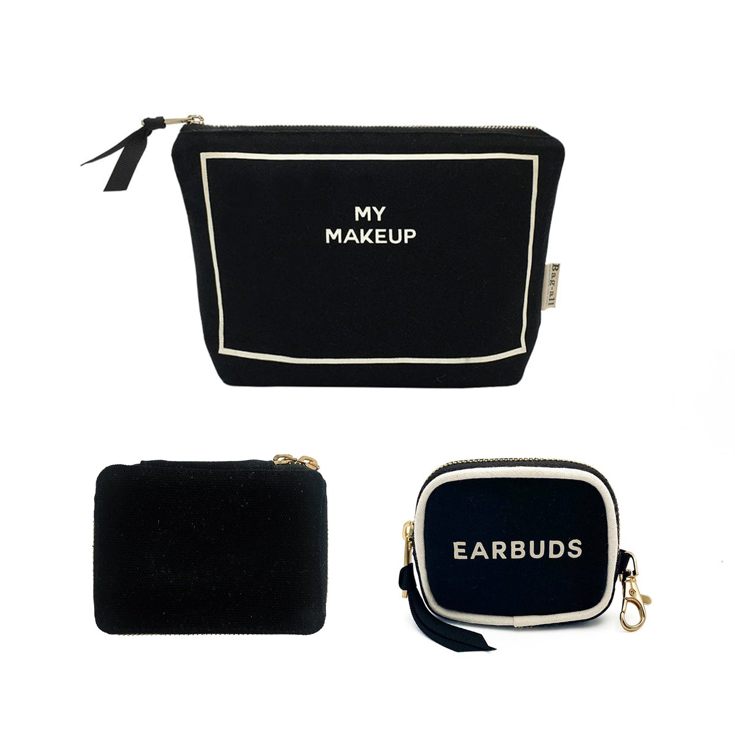 Bag-all Handbag Organizer Trio in black cotton featuring makeup pouch, trinket case, and earbuds holder with gold zipper accents and white text labels for stylish organization