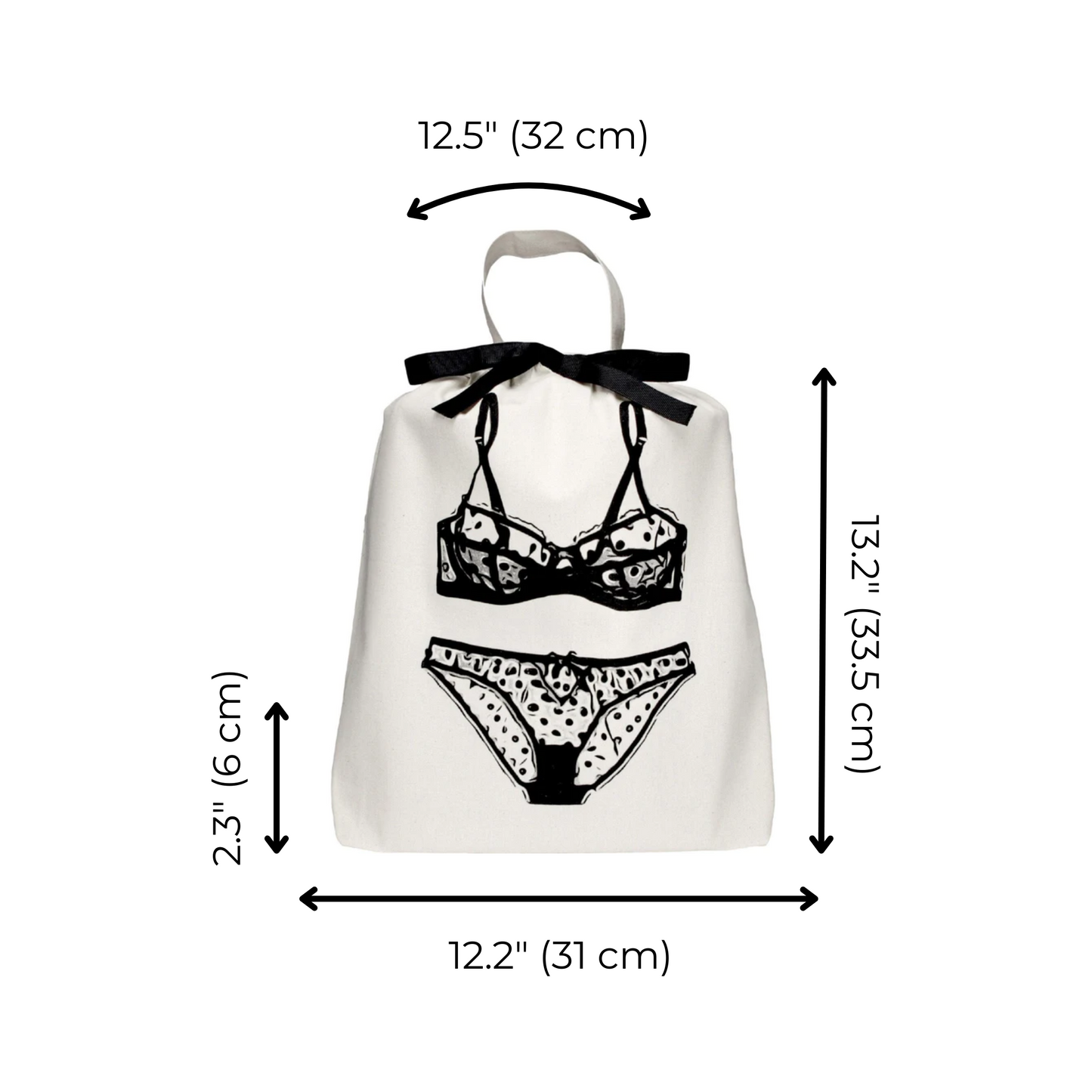 Bag-all Polkadot Lingerie Travel Bag in cream color with black lingerie illustration, featuring dimensions 32cm x 31cm x 6cm, perfect for organizing delicates and travel storage