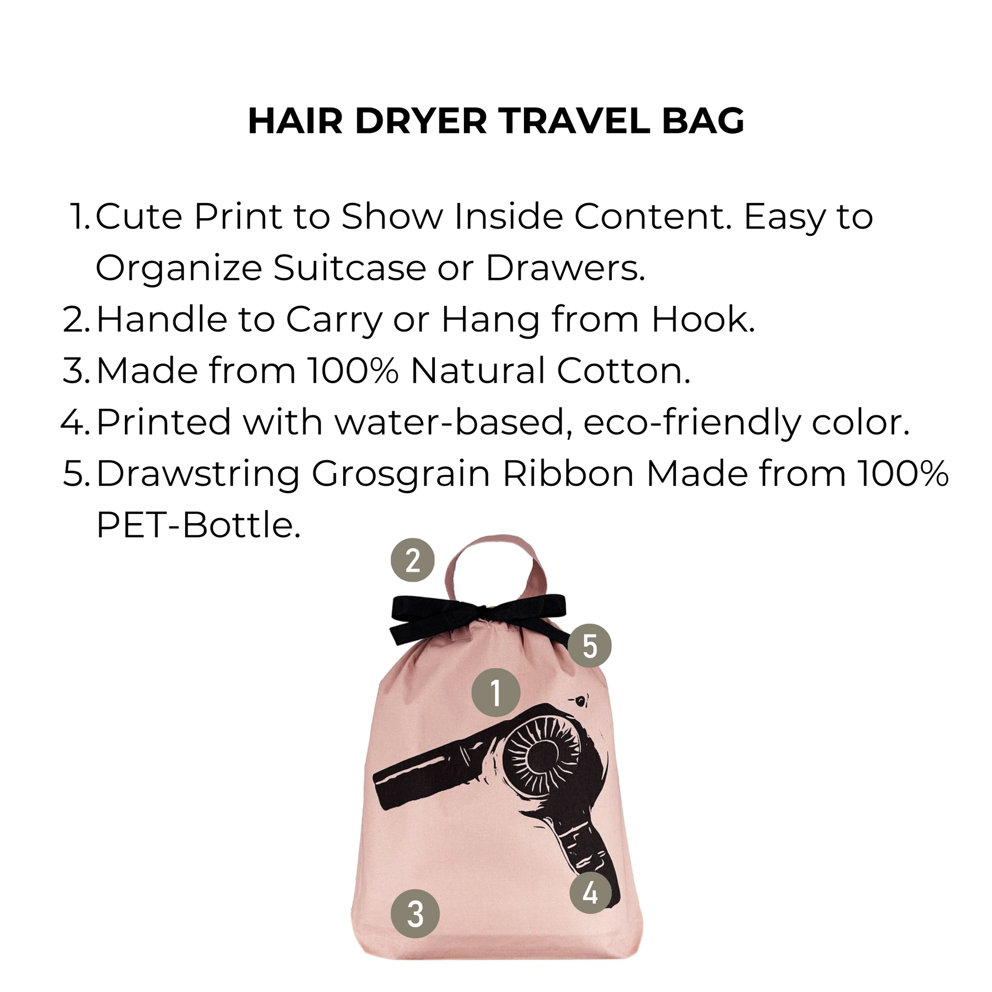 Bag-all Pink Hair Dryer Travel Bag with black printed hairdryer design, natural cotton construction, hanging handle, and eco-friendly drawstring ribbon, perfect for bathroom organization and travel