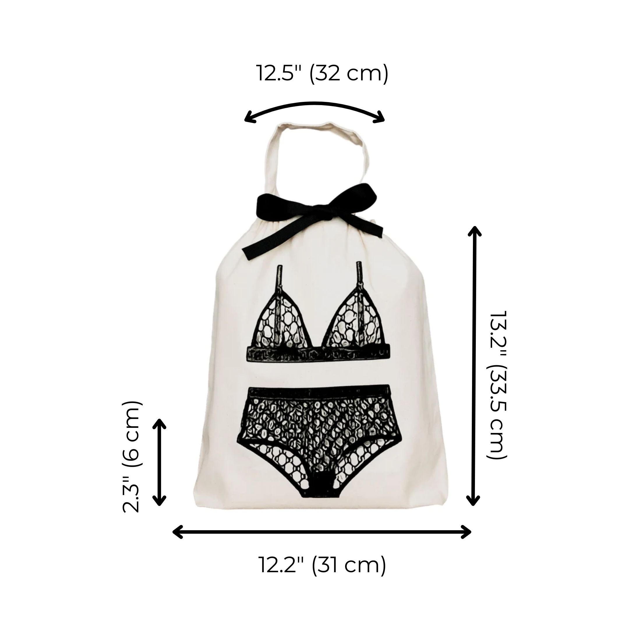 Bag-all London Lingerie Travel Bag in cream cotton featuring black lingerie illustration and bow, perfect for organizing delicate underwear while traveling - 32x31cm