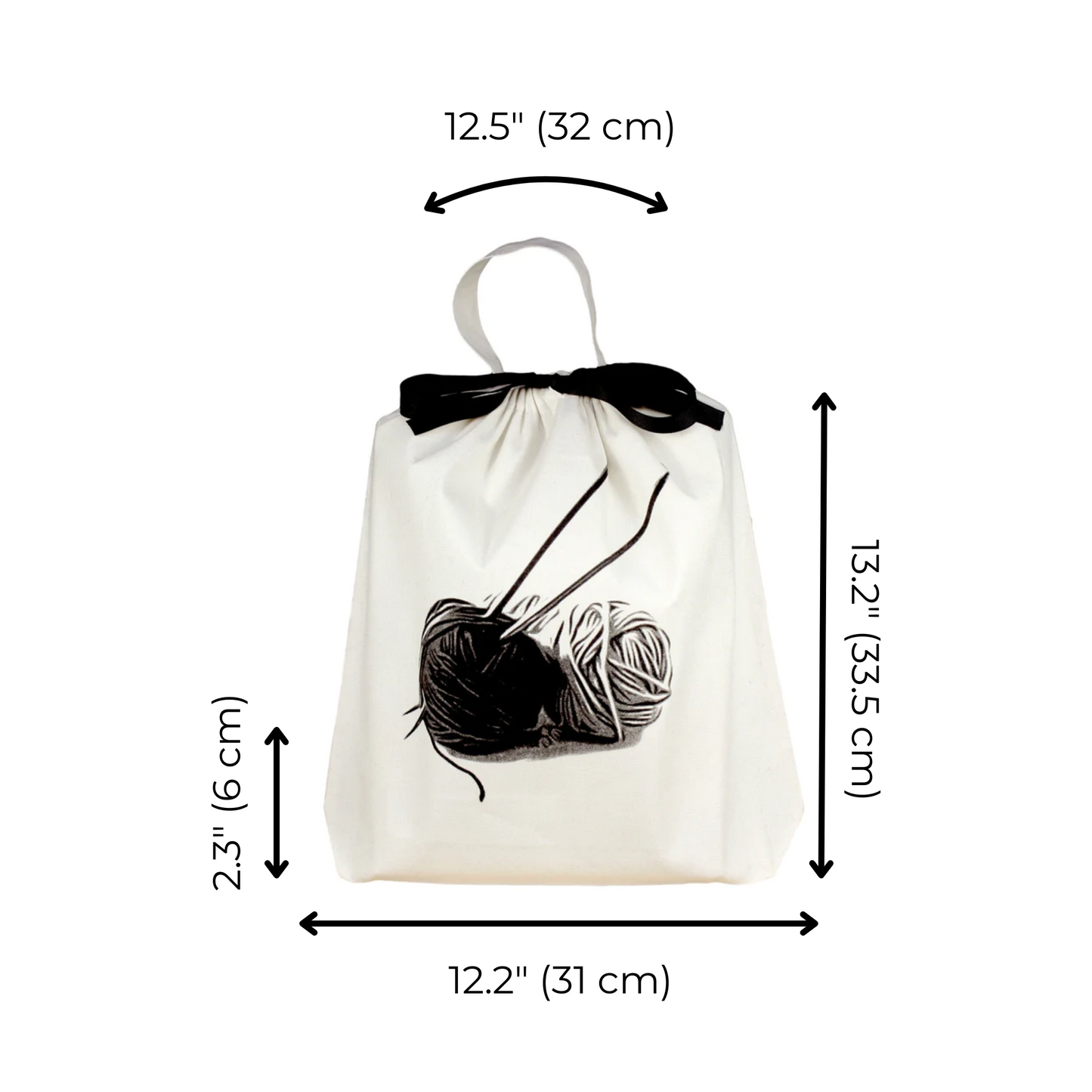 Bag-all Knitting Bag in cream with black yarn ball print, featuring a bow handle and product dimensions. Perfect for organizing knitting supplies and portable crafting projects.