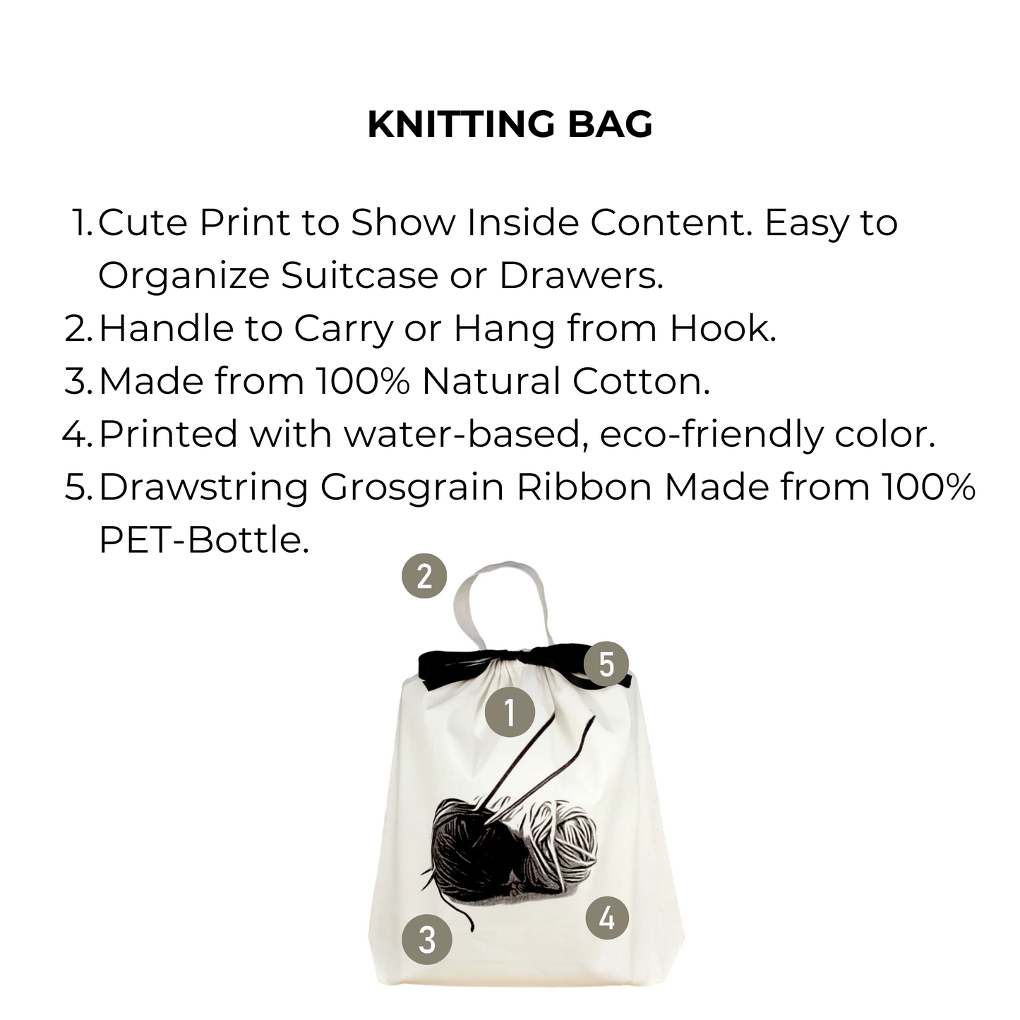 Bag-all Knitting Bag in cream cotton with yarn ball design, eco-friendly drawstring organizer featuring handle, perfect for storing knitting supplies and projects on-the-go, sustainably made