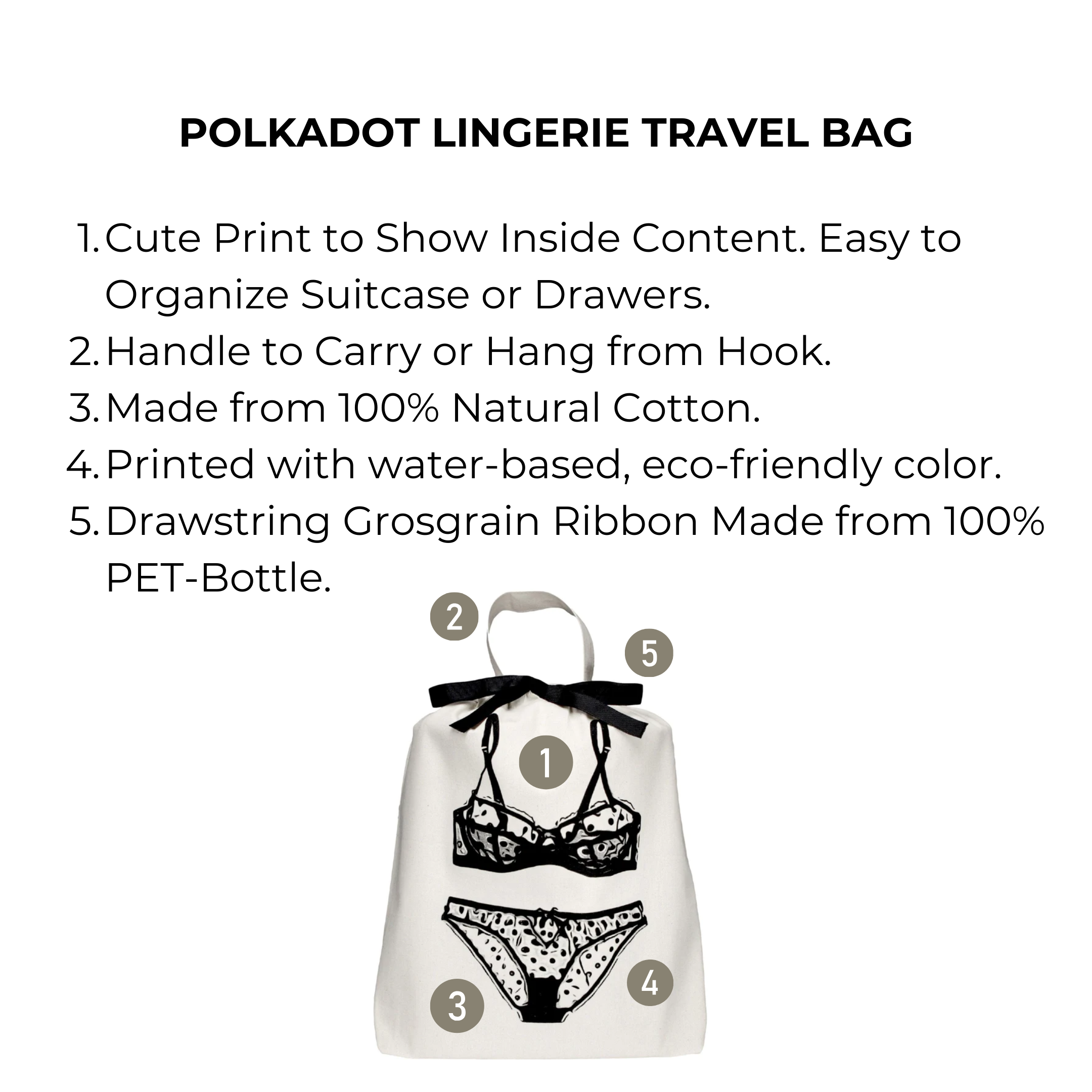 Bag-all Polkadot Lingerie Travel Bag in cream with illustrated lingerie print, cotton fabric, eco-friendly design, featuring drawstring closure and hanging hook for organized travel storage