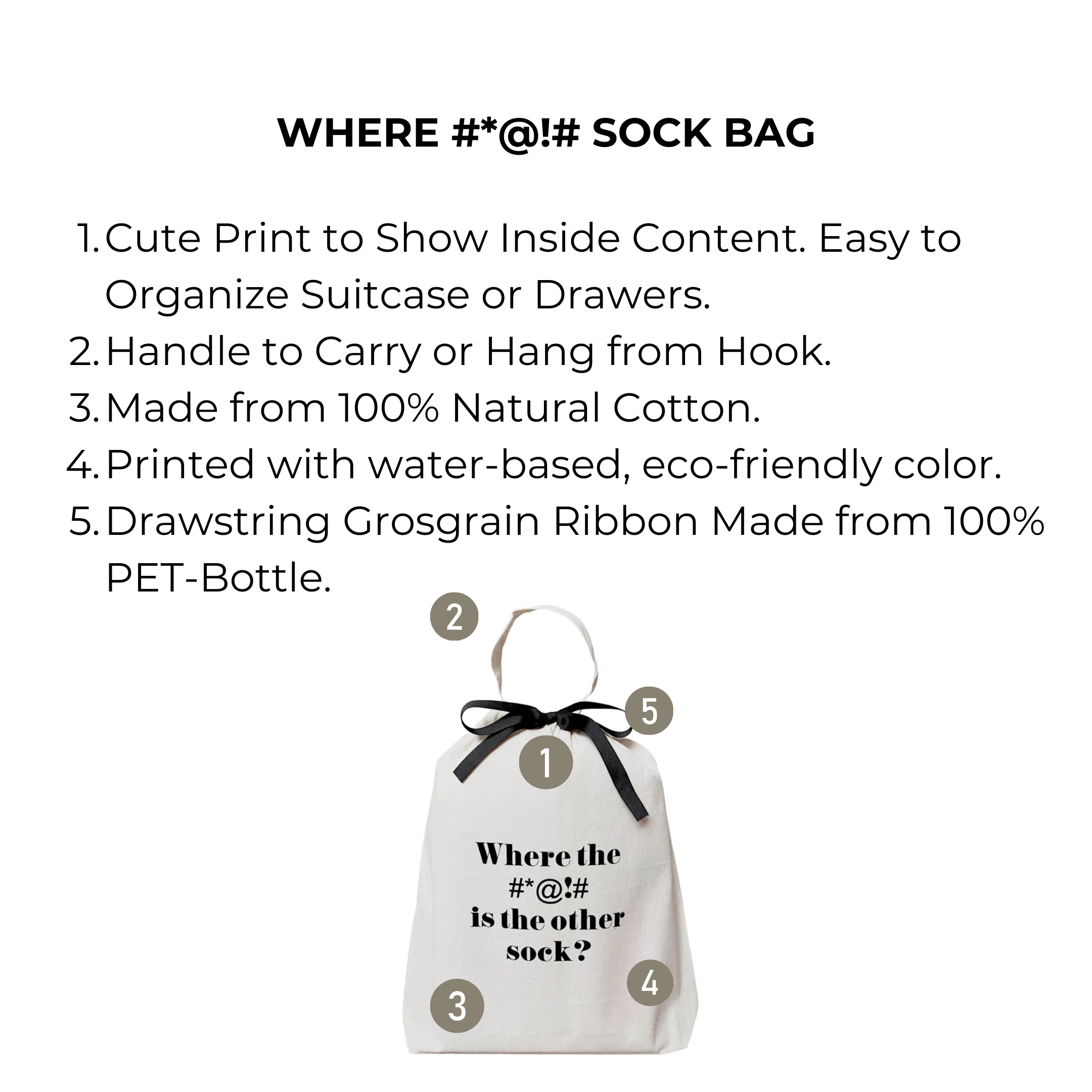 Bag-all Where #*@!# Sock Bag in cream cotton with black ribbon tie, featuring humorous text print, eco-friendly organizer for storing and sorting socks, made from natural materials
