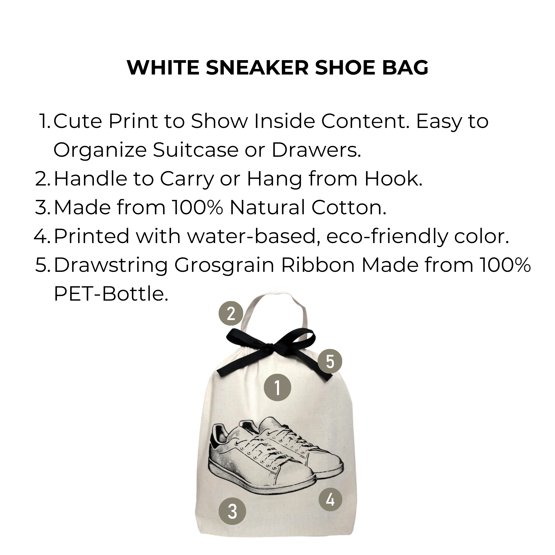 Bag-all White Sneaker Shoe Bag in cream cotton featuring sneaker print design, recycled drawstring closure and carry handle, perfect for travel organization