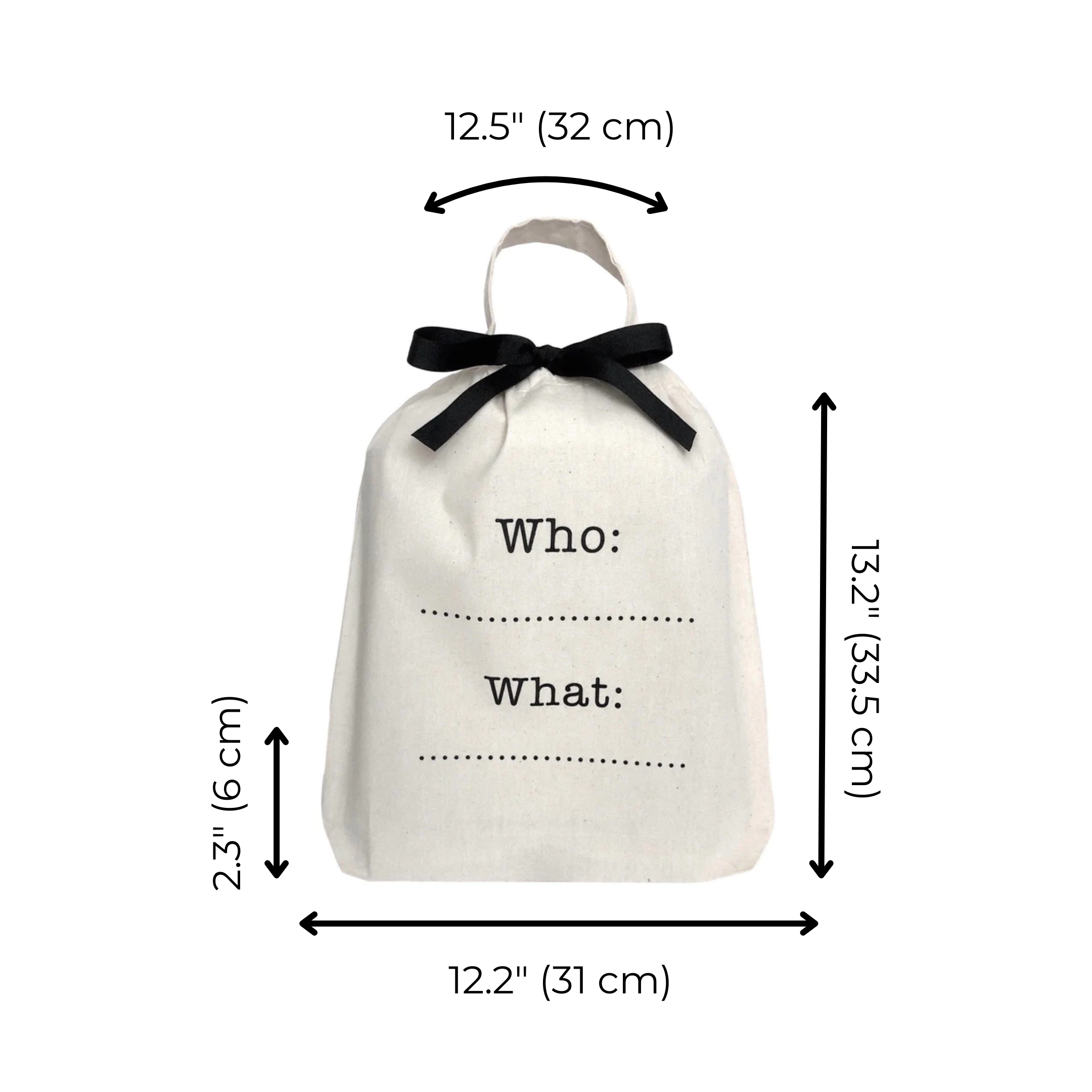 Bag-all Who What Bag in cream cotton with black bow, featuring customizable text fields and measurements 32x31cm, perfect for personalized organization