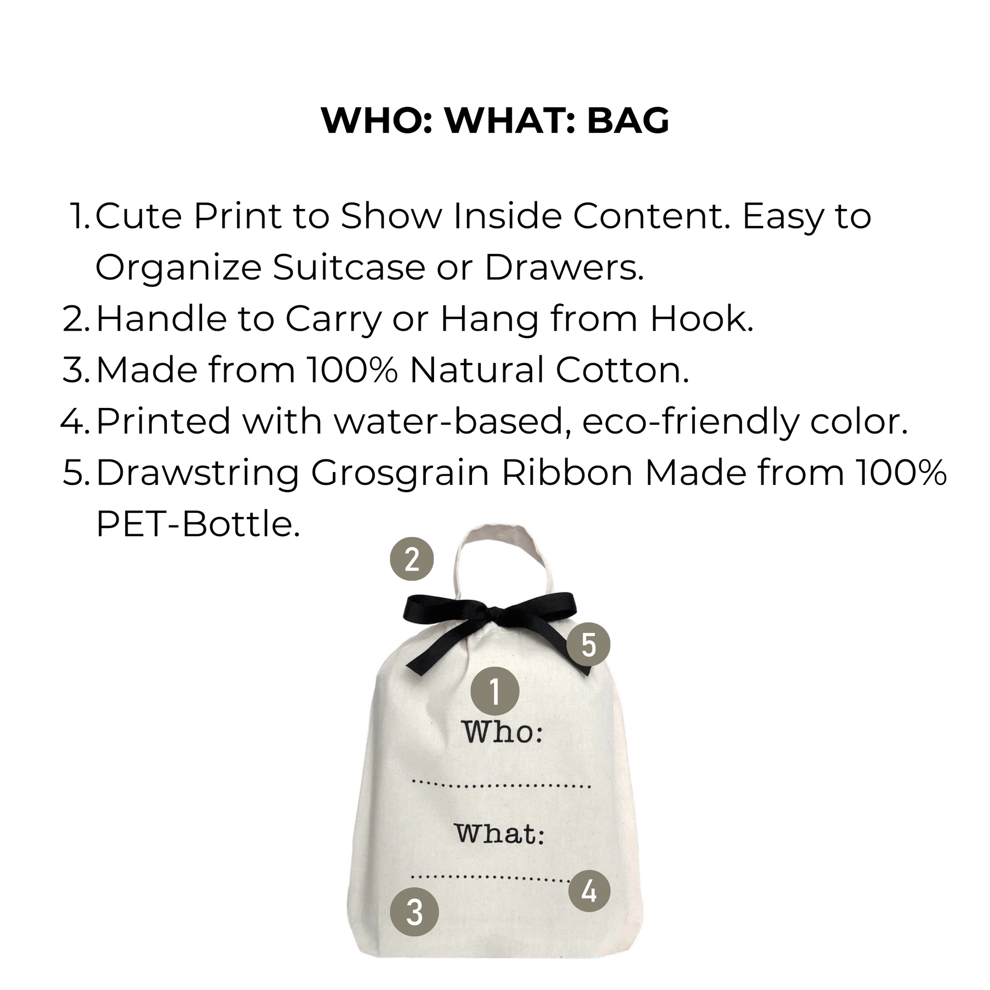 Bag-all Who What Bag in cream cotton with customizable text fields, black bow closure, and eco-friendly materials. Perfect for organized storage and personalized labeling.