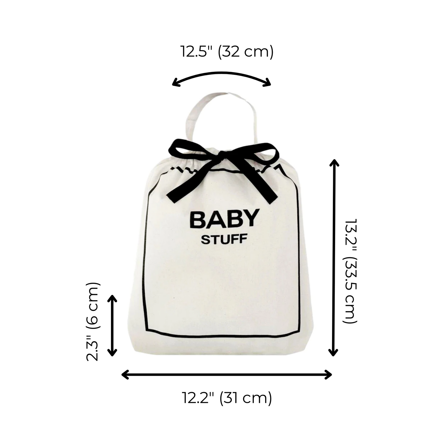 Bag-all Baby Couture Bag in Cream with dimensions: 13.2โ x 12.2โ. Stylish cotton pouch with drawstring closure for organizing baby essentials