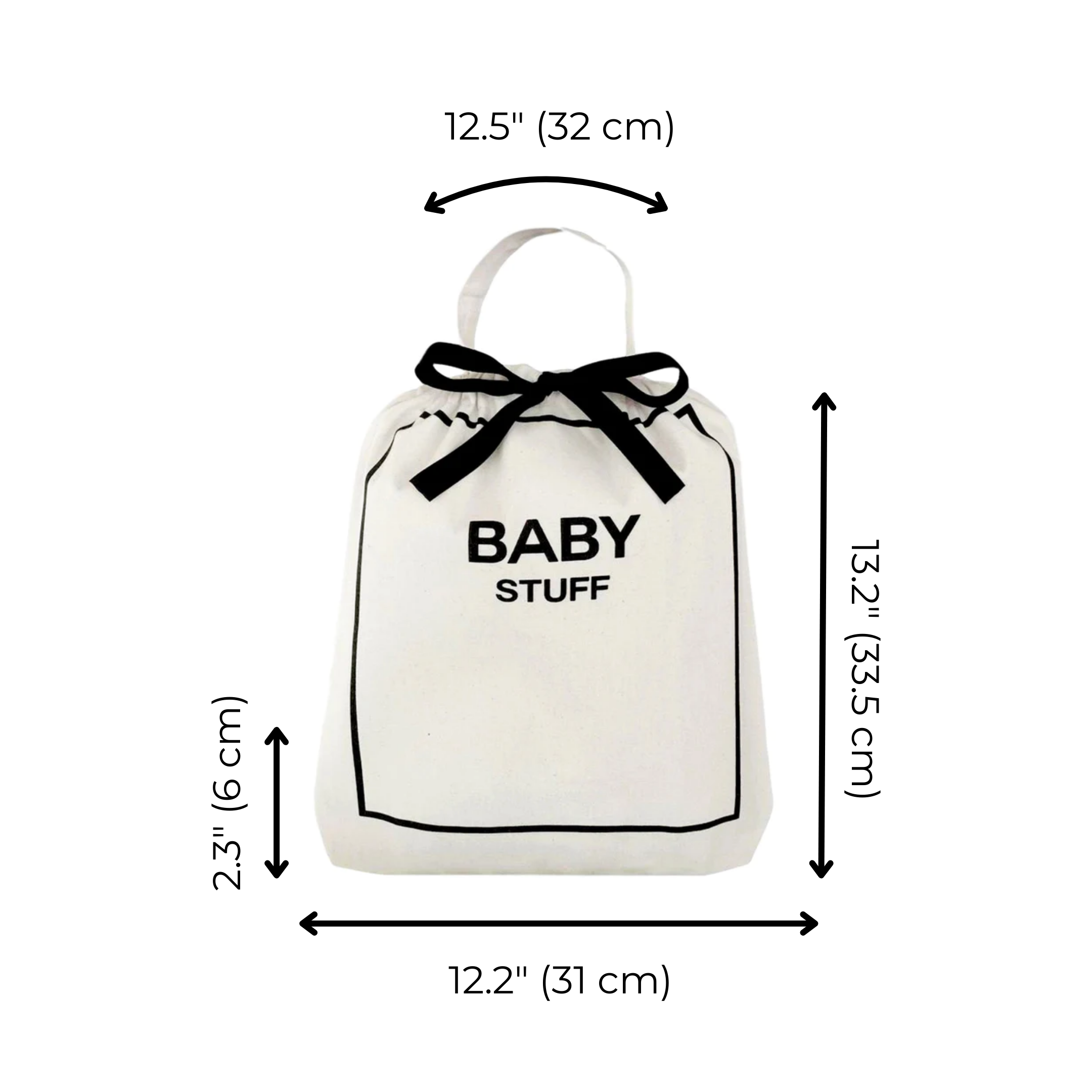 Bag-all Baby Couture Bag in Cream with dimensions: 13.2” x 12.2”. Stylish cotton pouch with drawstring closure for organizing baby essentials