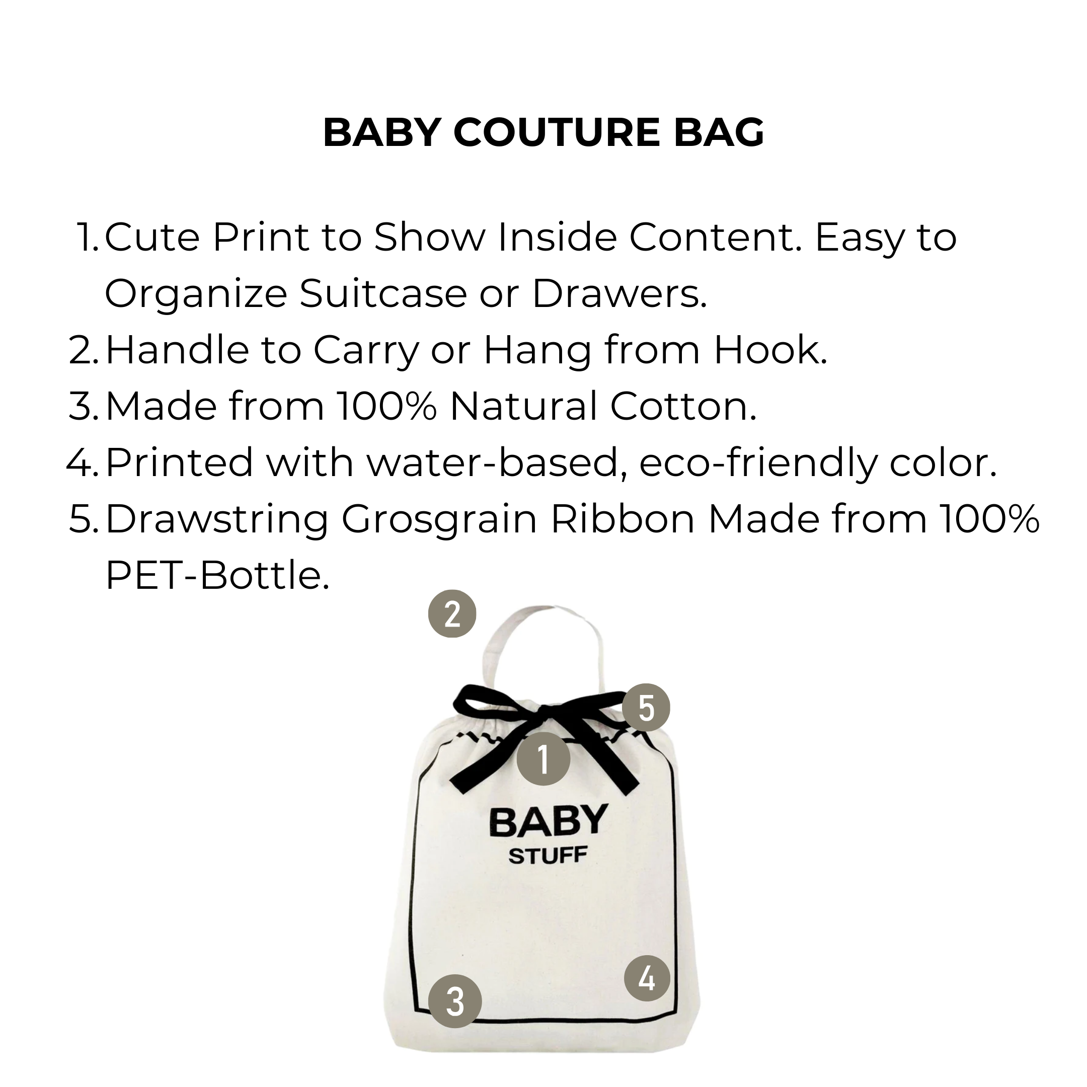 Bag-all Baby Couture Bag in Cream. Made from 100% natural cotton with eco-friendly print, grosgrain ribbon, and handle for easy carrying