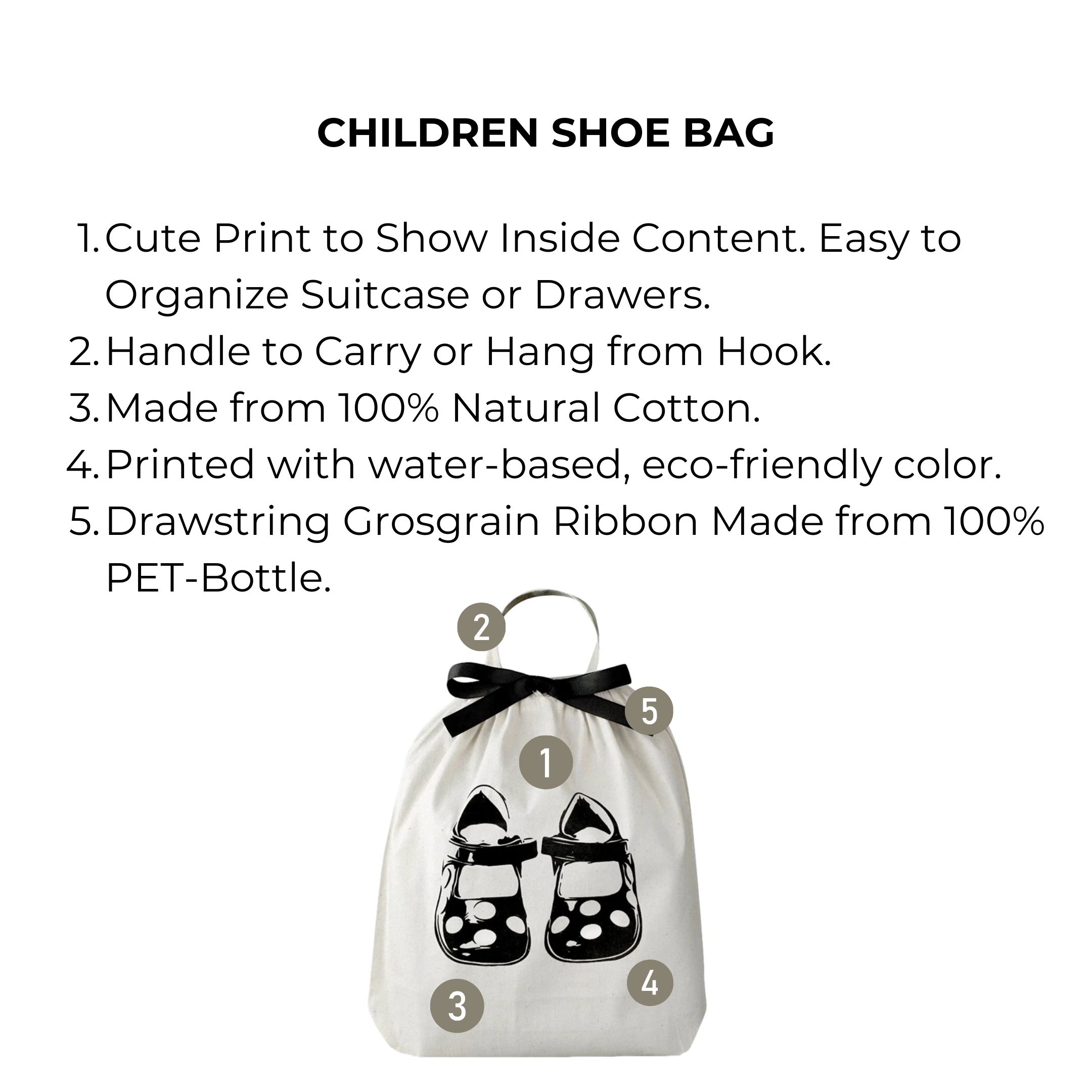 Bag-all Children Shoe Bag in cream cotton with cute shoe print design, eco-friendly drawstring organizer for kids footwear storage and travel, features natural materials and sustainable ribbon