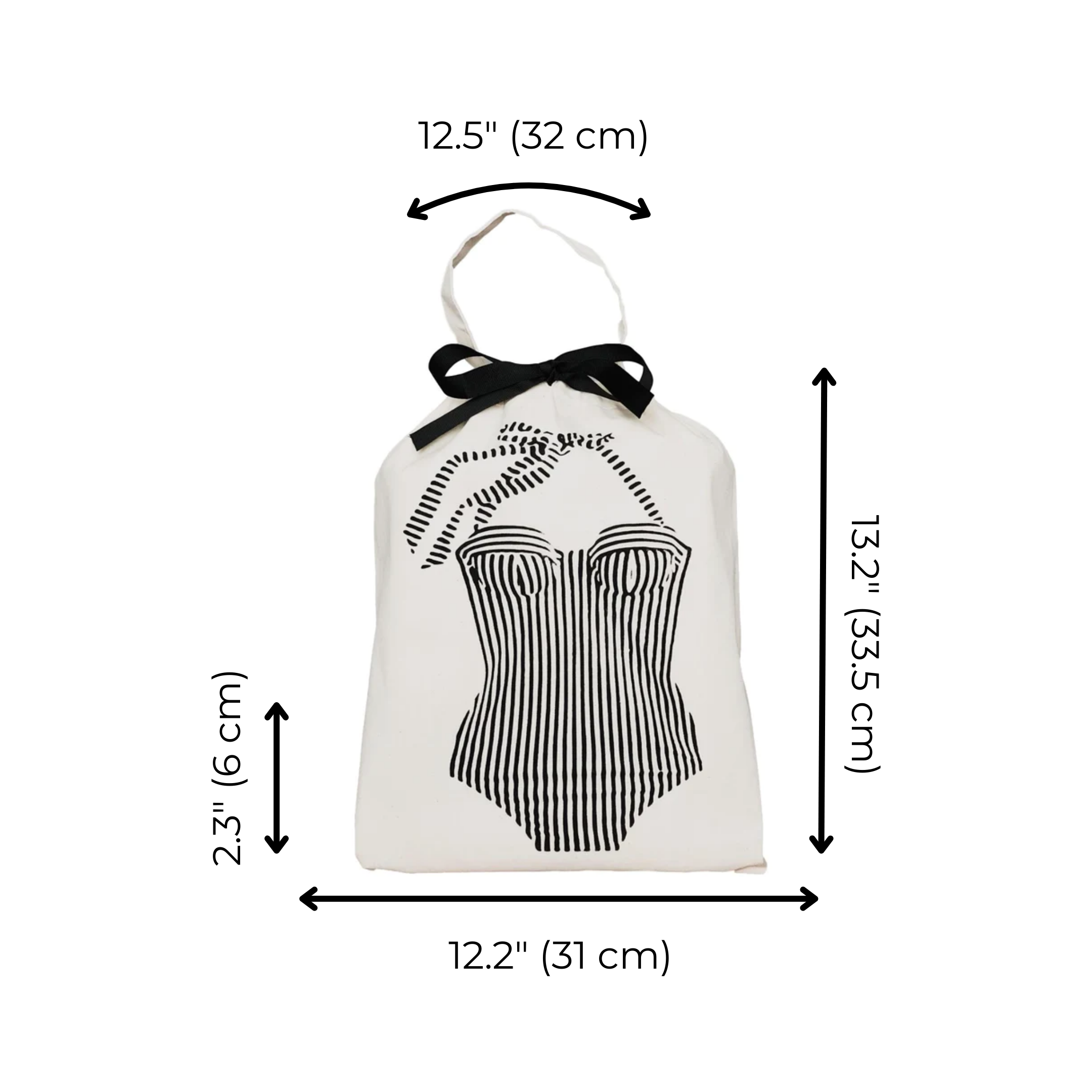 Bag-all Bretagne Swimsuit Travel Bag in cream cotton with vintage-style striped swimsuit design, black bow and drawstring closure, measures 12.5 x 13.2 inches