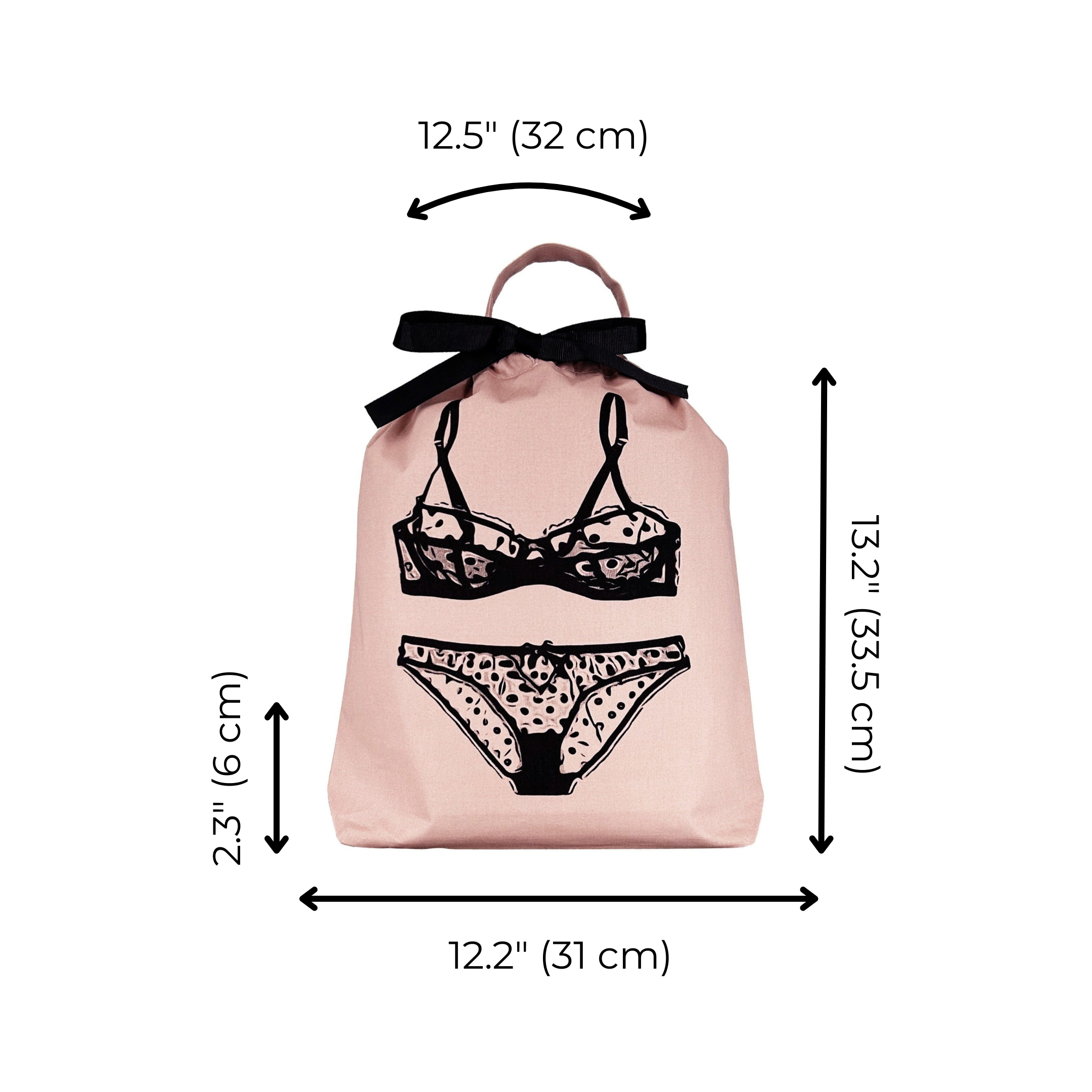 Bag-all Pink Polkadot Lingerie Travel Bag with black bow and lingerie illustration, featuring dimensions 32cm width and 33.5cm height, perfect for organizing delicates