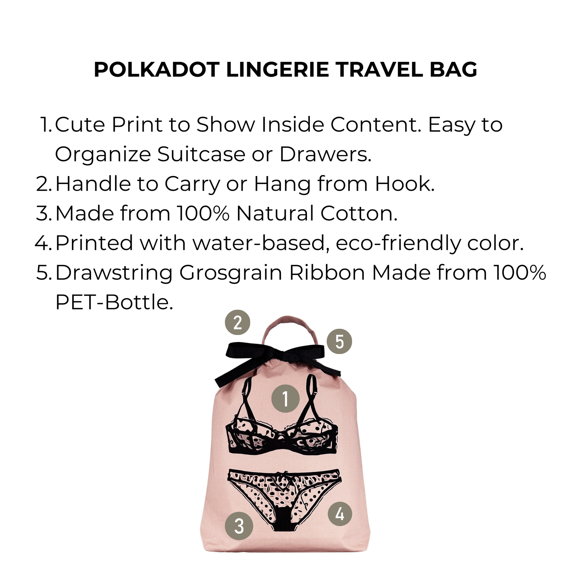 Bag-all Pink Polkadot Lingerie Travel Bag with eco-friendly cotton construction, featuring black lingerie print, drawstring closure and hanging hook - perfect for organizing delicates while traveling or at home