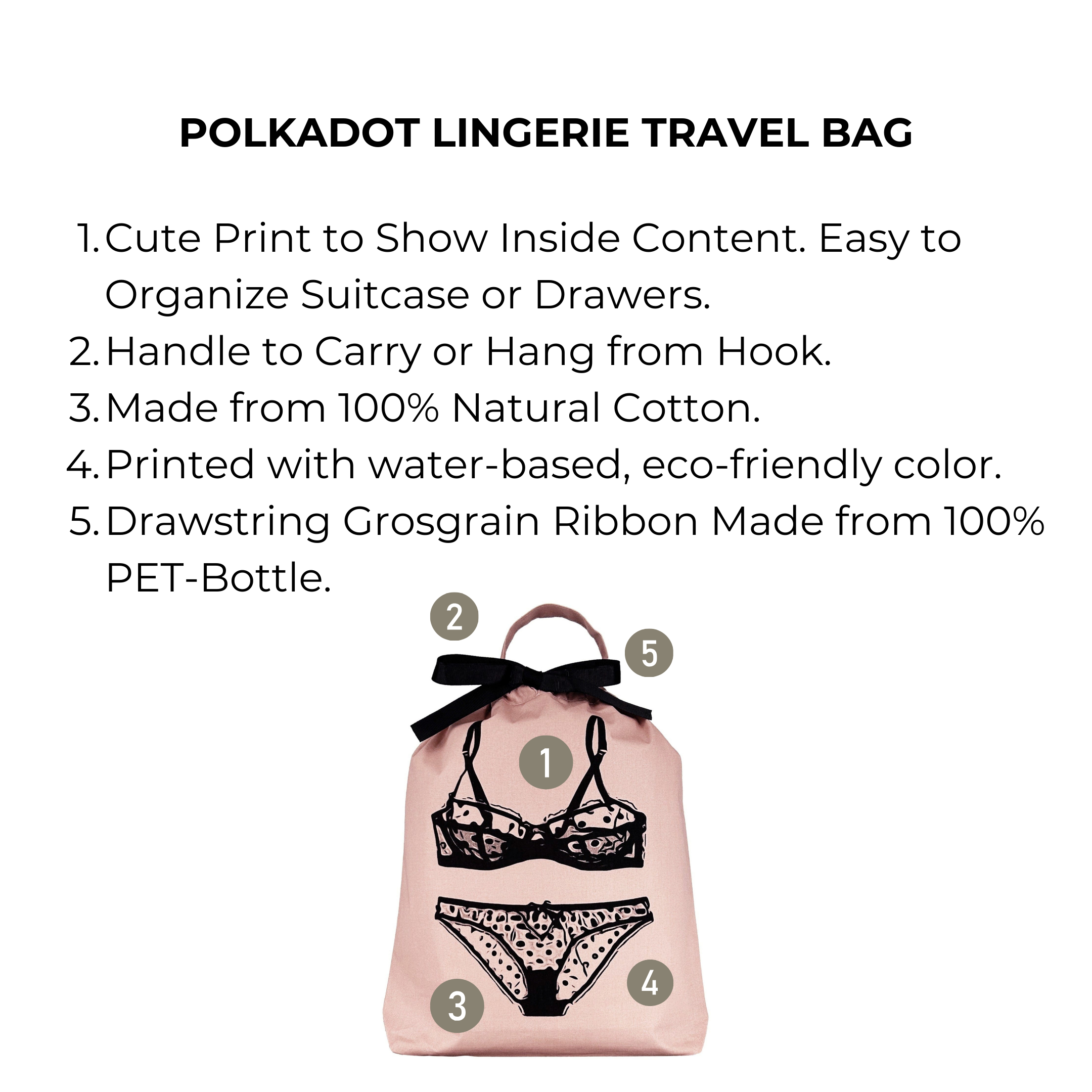 Bag-all Pink Polkadot Lingerie Travel Bag with eco-friendly cotton construction, featuring black lingerie print, drawstring closure and hanging hook - perfect for organizing delicates while traveling or at home