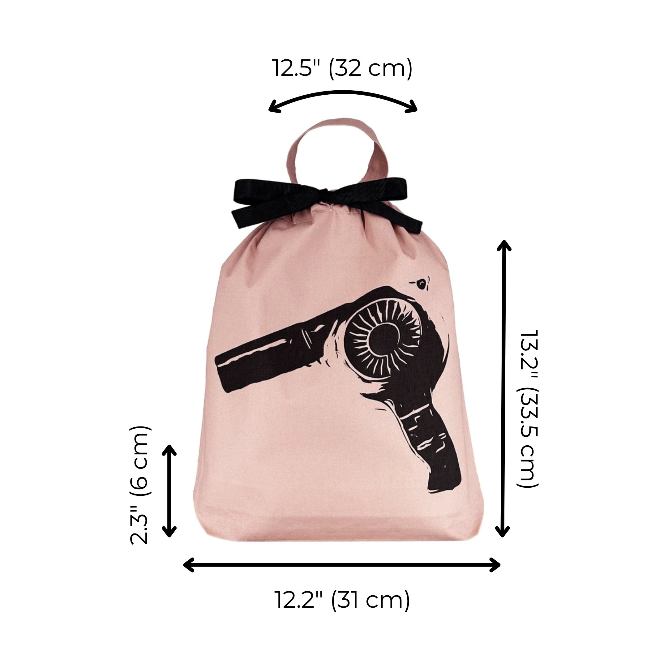 Bag-all Hair Dryer Travel Bag in pink with black bow handle and hairdryer graphic print, featuring drawstring closure and dimensions 32x31cm - perfect for organizing styling tools