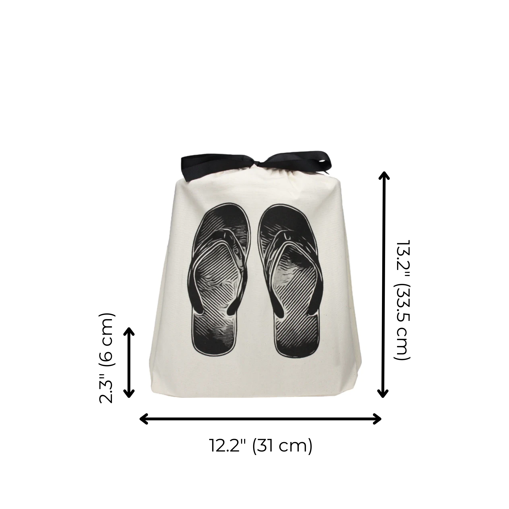 Bag-all Cream Flip Flops Shoe Bag featuring black flip-flop print design with black ribbon tie, sized 13.2 x 12.2 inches for organized beach and travel storage