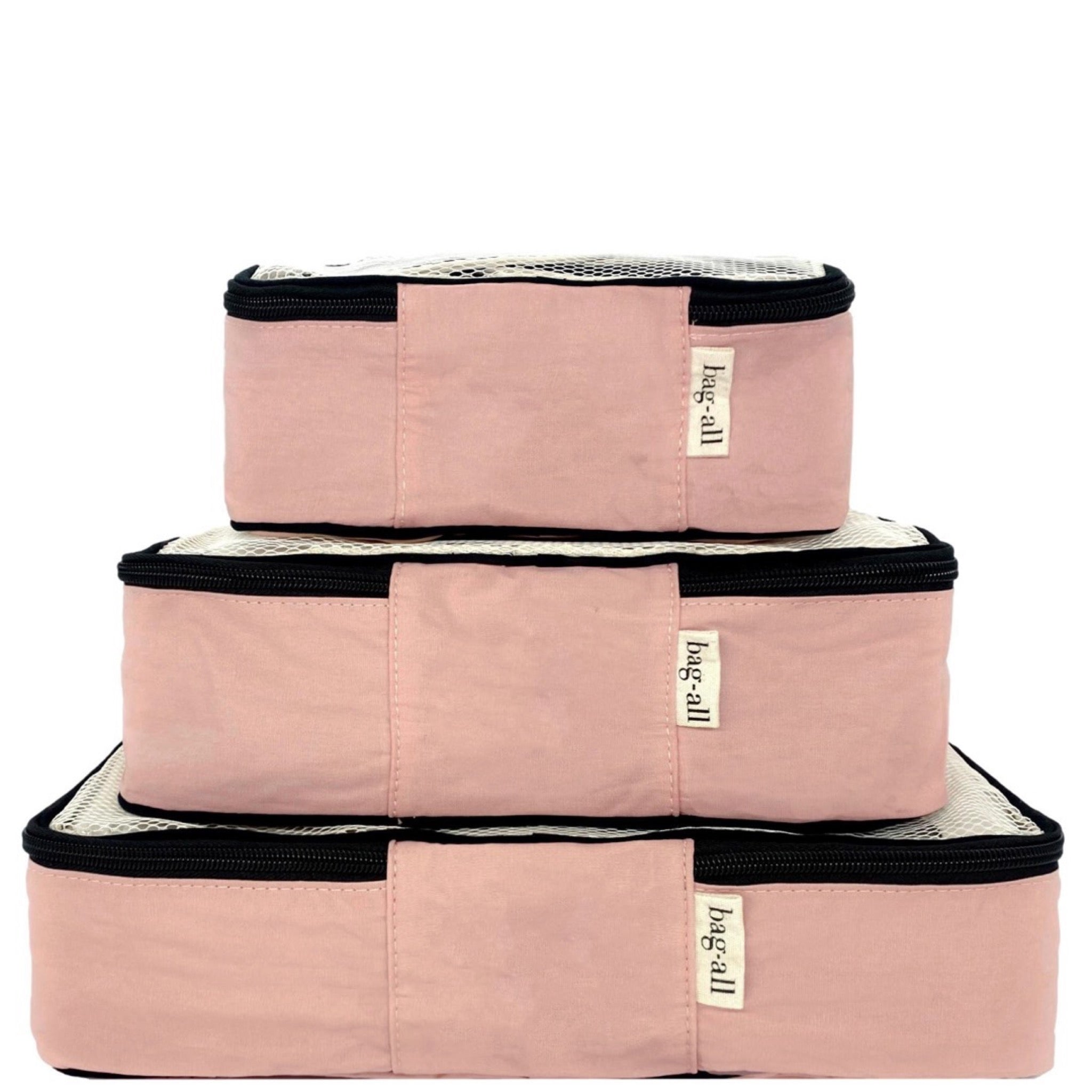 Bag-all pink blush cotton packing cubes 3-pack with mesh tops and monogram for organized travel storage