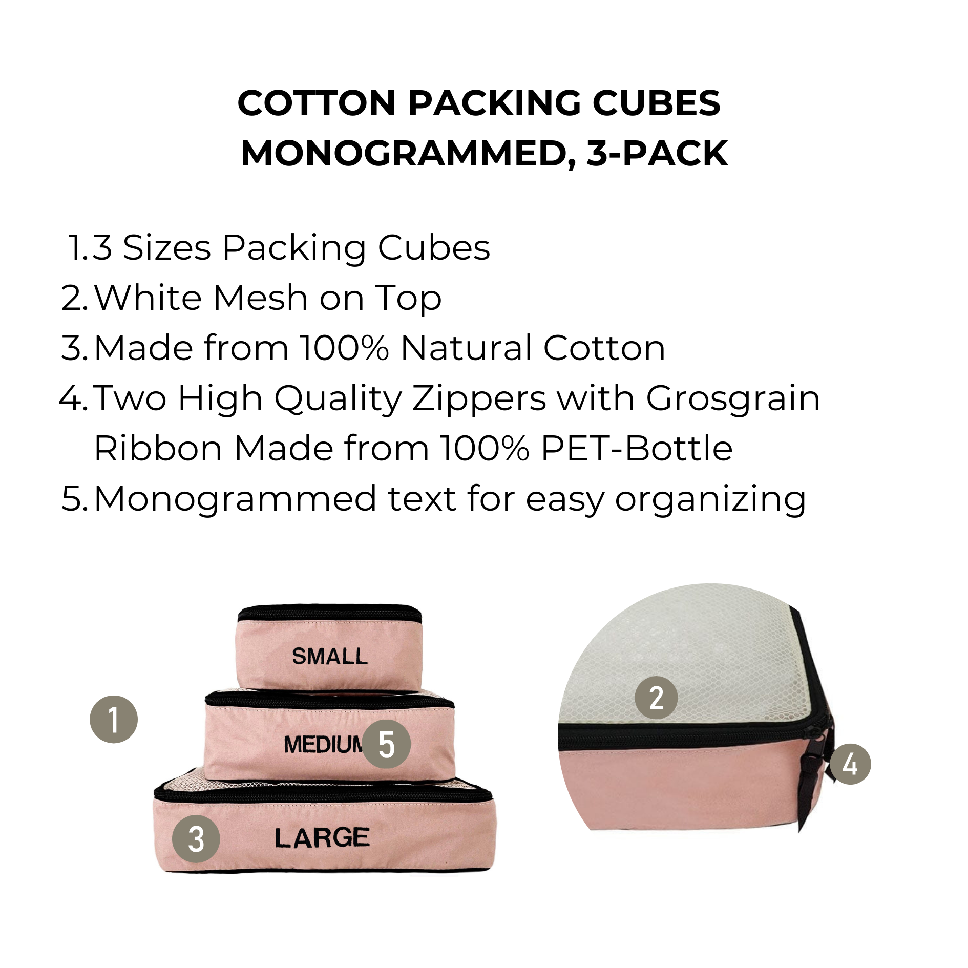 Bag-all cotton packing cubes 3 sizes pink blush with white mesh top and monogrammed text for easy organizing