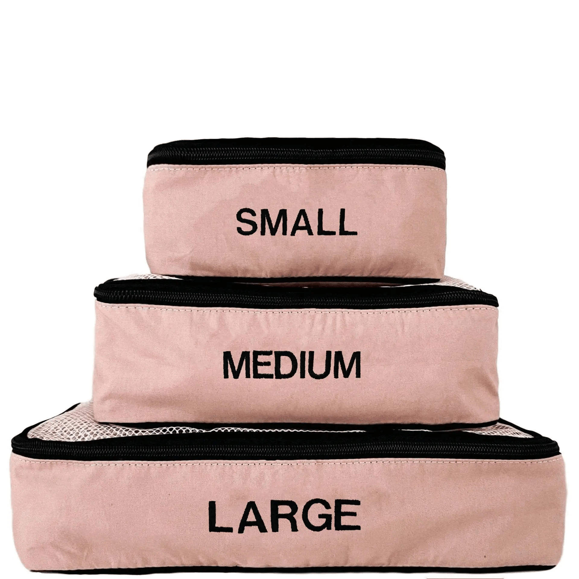 Bag-all cotton packing cubes 3-pack in pink blush with mesh tops for organized wrinkle-free travel packing