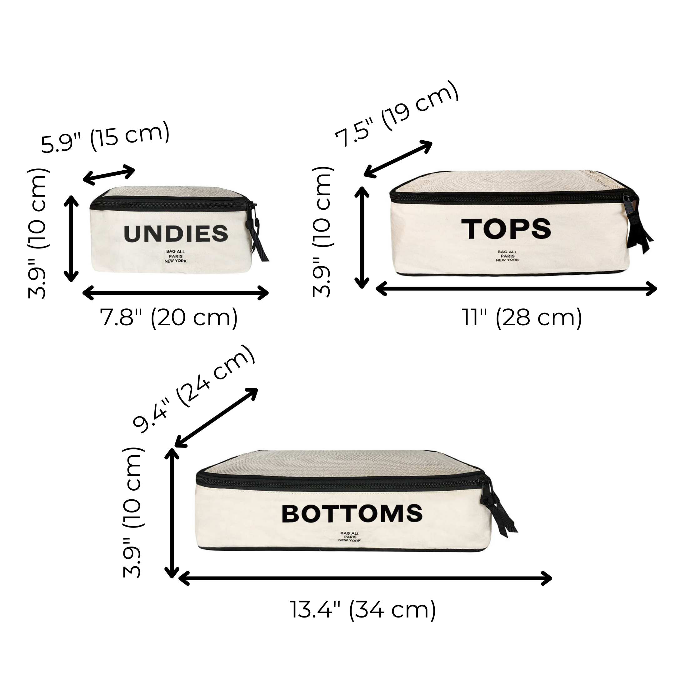 Bag-all Cotton Packing Cubes 3-pack in cream with black text labels for tops, bottoms, and undies. Dimensions shown for each cube with mesh tops and zipper closures.