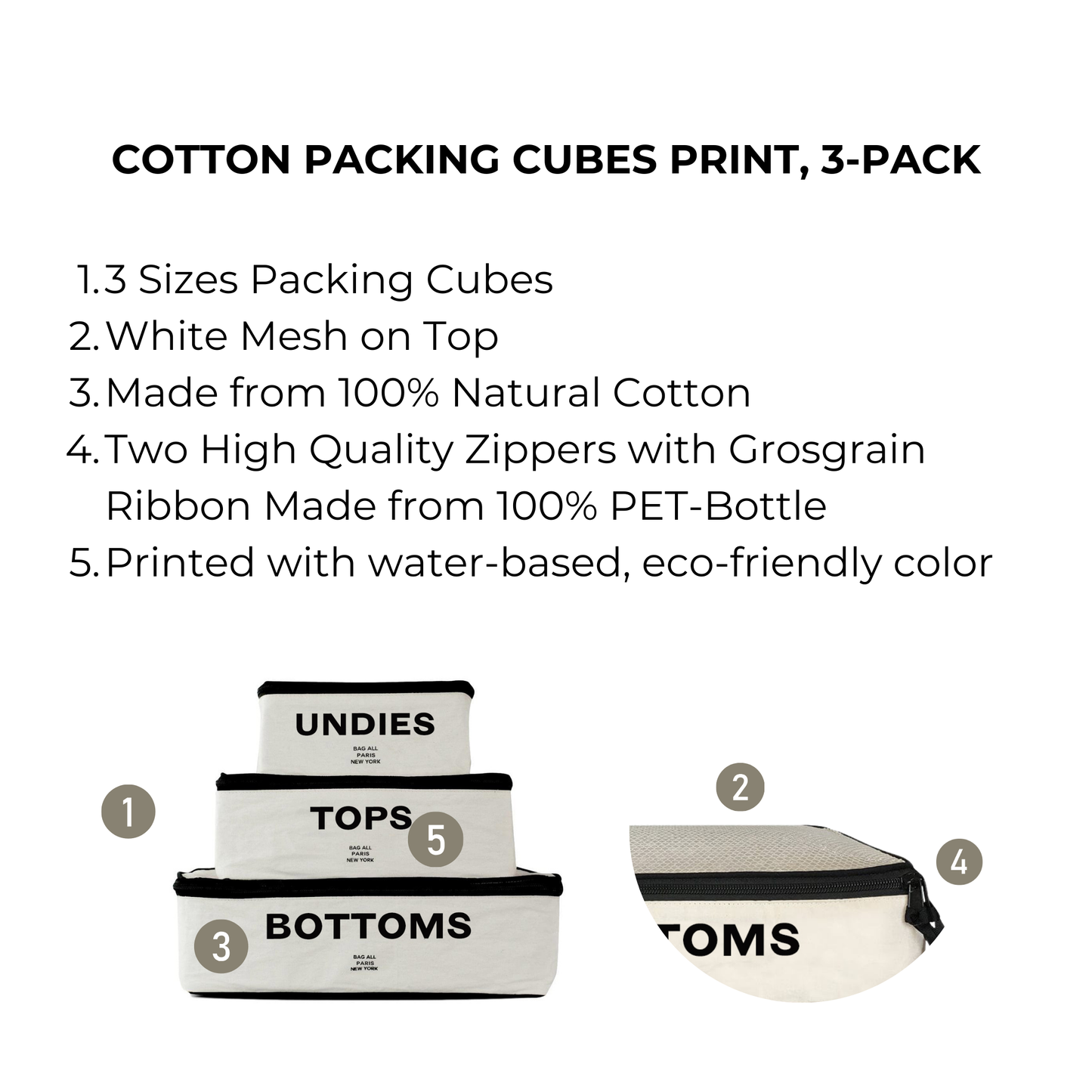 Bag-all Cotton Packing Cubes Print 3-pack Cream - Set of eco-friendly travel organizers with mesh top, featuring labeled compartments for Undies, Tops, and Bottoms, made from natural cotton with PET-bottle zippers
