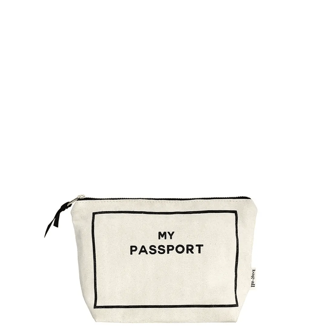 Bag-all Cream Passport Pouch - Stylish cotton travel organizer with black text 'MY PASSPORT', zippered closure and striped interior lining for secure document storage