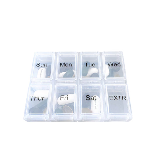 Bag-all Weekly Pill Organizer with 8 clear compartments labeled for each day, compact travel-friendly design, secure closures for medication storage