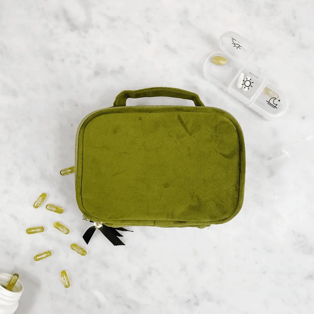 Pill Box With Handle Weekly Pill Organizer Green Velvet Bag all pill-box-with-handle-weekly-pill-organizer-green-velvet-bag-all