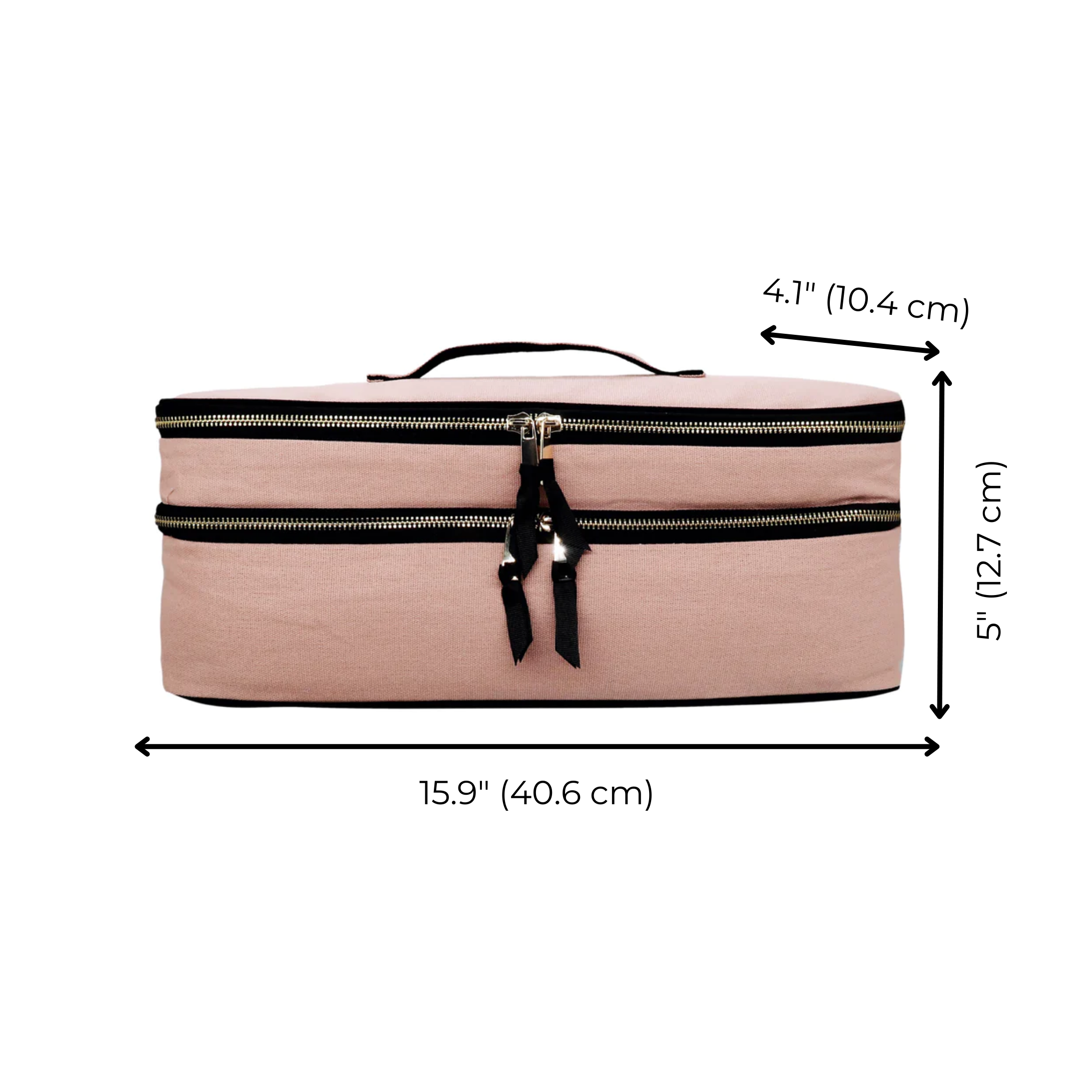 Bag-all Double Hair Tools Travel Case in pink blush with dual compartments, heat-protective lining, and secure bands for Dyson Airwrap storage, measures 15.9 x 5 x 4.1 inches