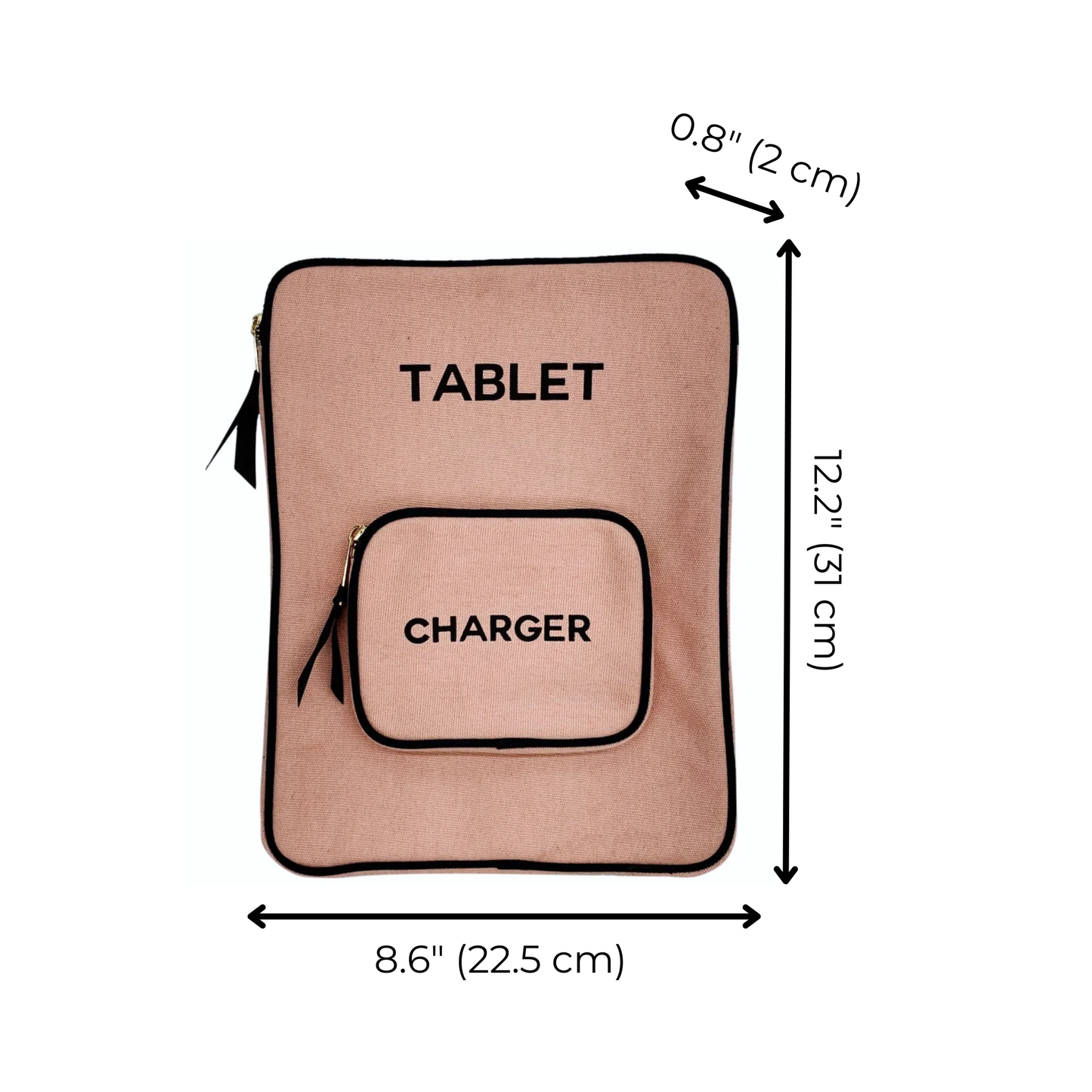 Bag-all Tablet Case 11" in blush pink cotton with integrated charger pocket, featuring sleek black text labeling, grosgrain ribbon trim, and protective padding - dimensions 12.2" x 8.6