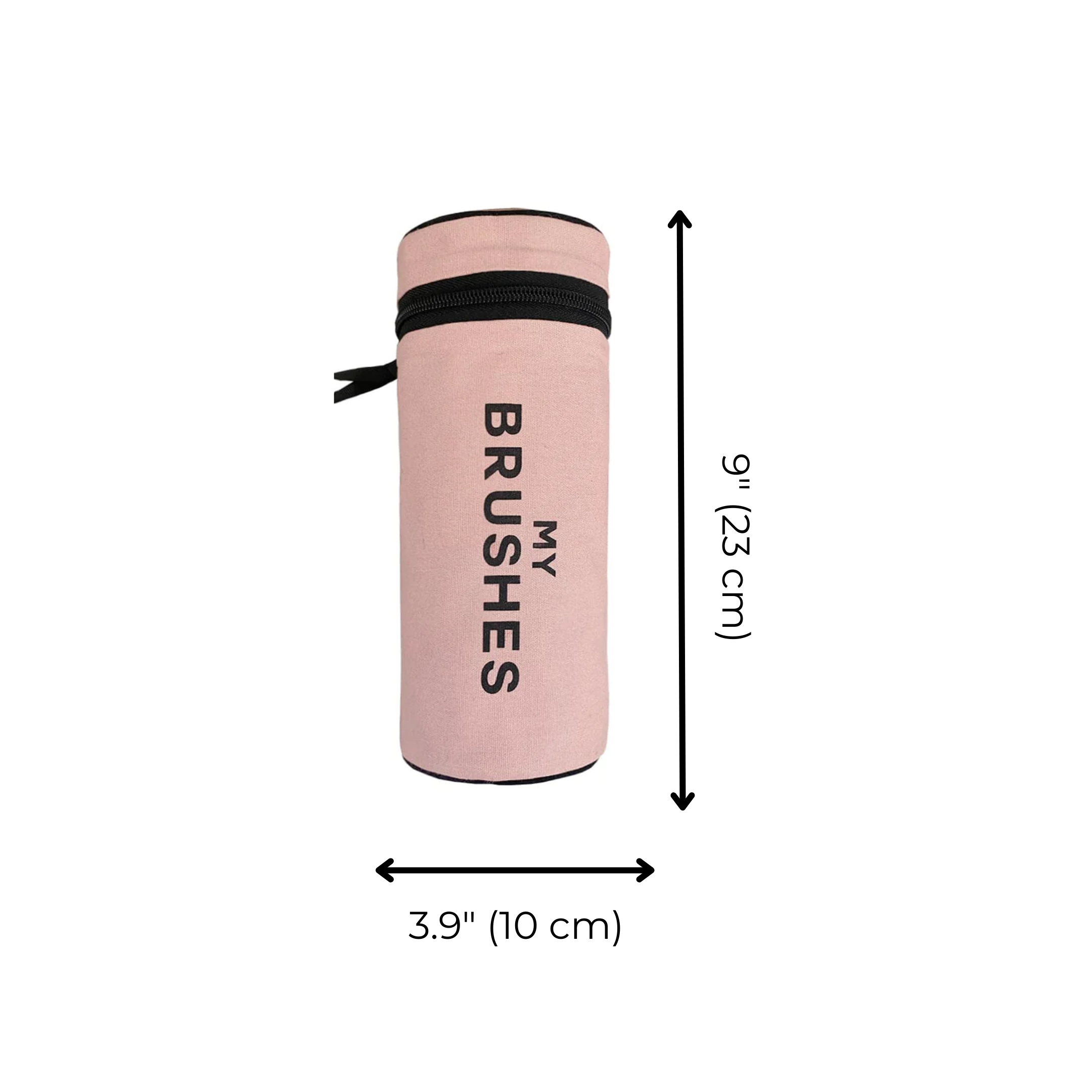 Bag-all Brushes Cylinder Case in pink/blush with black trim, featuring 'MY BRUSHES' text, perfect for organizing makeup and hair brushes. 9 inch height, 3.9 inch diameter.