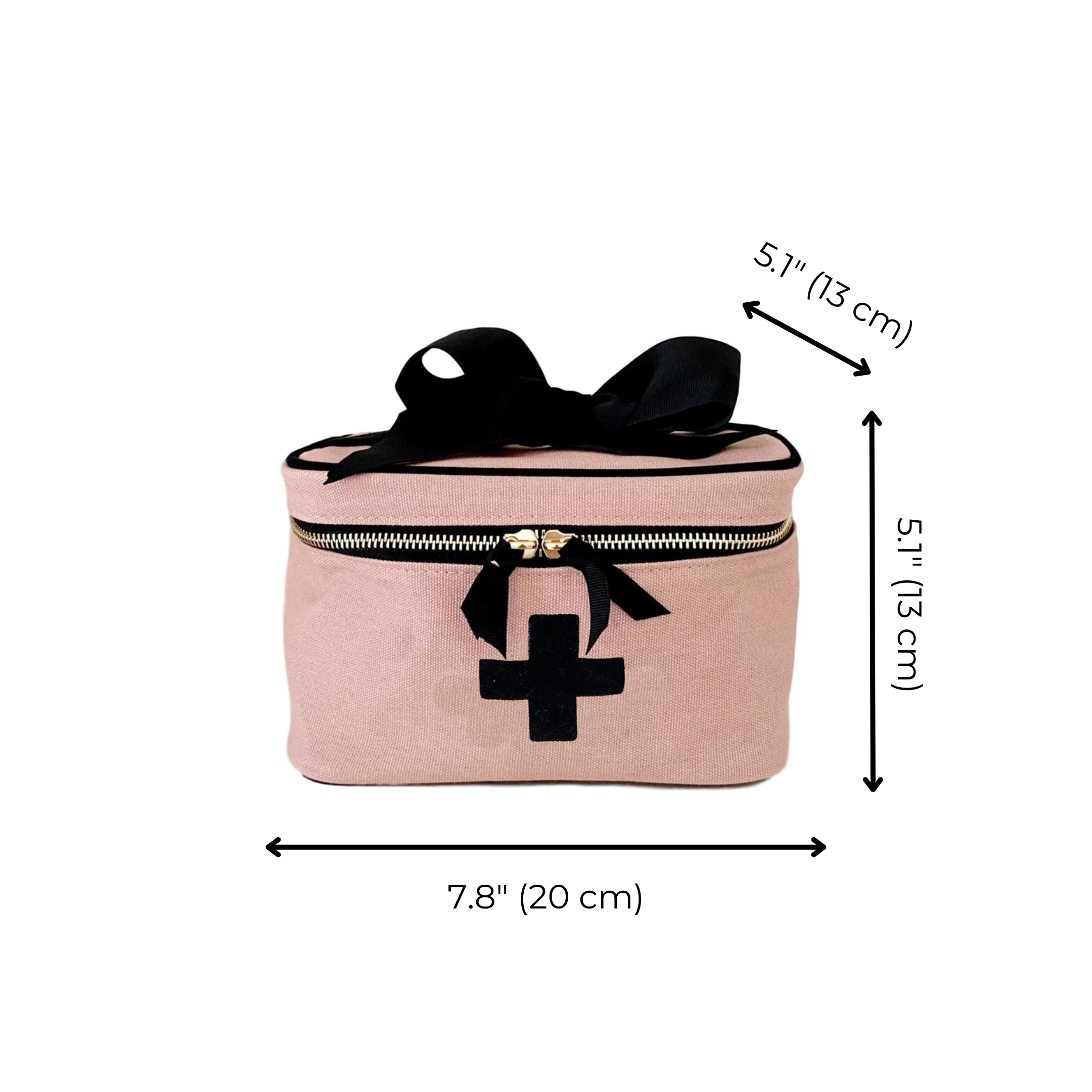 Bag-all Pink First Aid Storage Box with black cross print, zipper closure and bow detail. Compact cotton organizer for medications and emergency supplies, 7.8 x 5.1 inches.