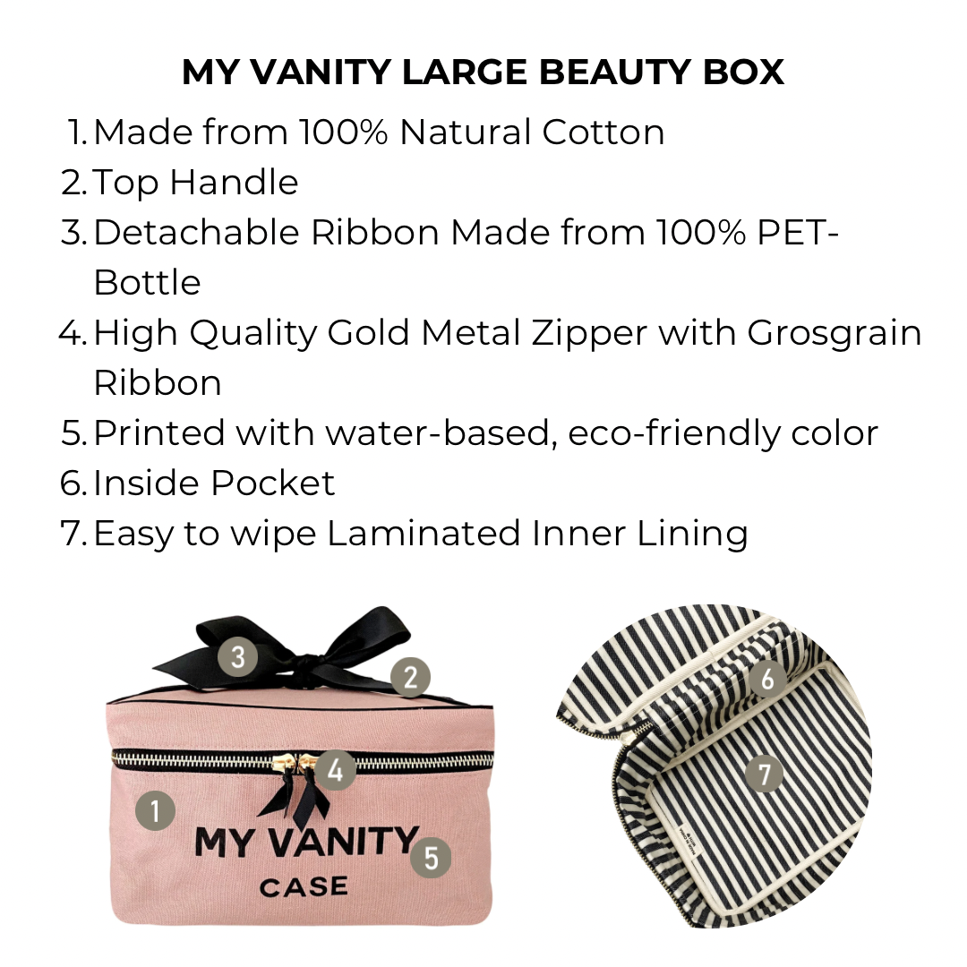 Bag-all My Vanity Large Beauty Box in Pink/Blush with cotton exterior, gold zipper, detachable bow, and striped laminated lining. Eco-friendly vanity case for organized beauty storage.