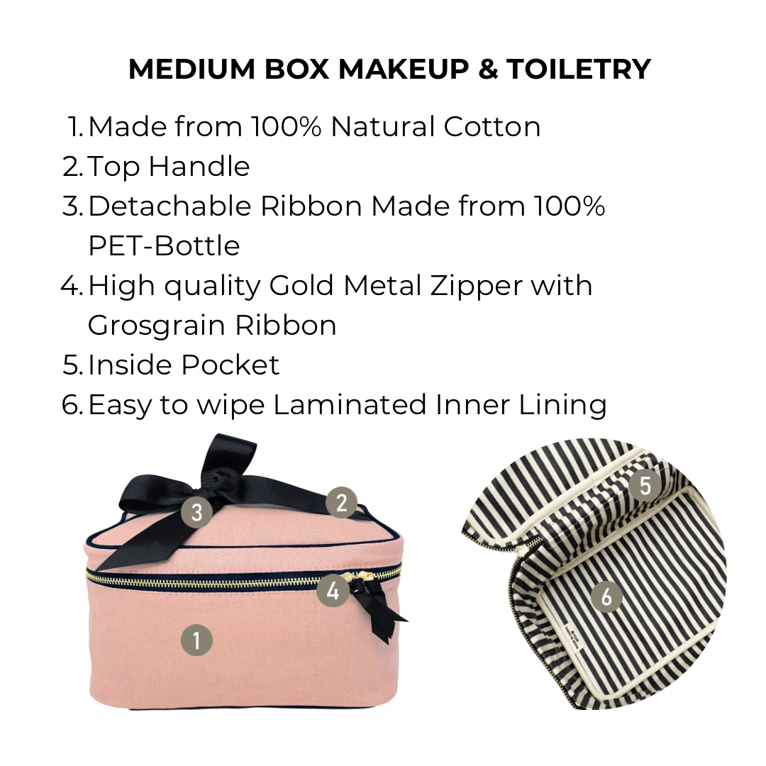Bag-all Medium Box Makeup & Toiletry in pink/blush with natural cotton exterior, striped laminated lining, gold zipper, handle and detachable bow, perfect for organizing beauty essentials