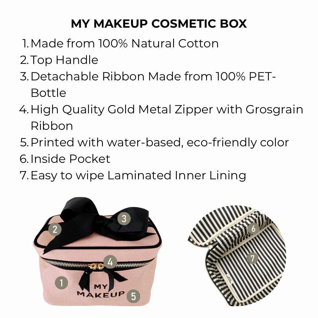 Bag-all My Makeup Cosmetic Box in blush pink with black bow, gold zipper, cotton exterior, striped laminated interior, top handle - eco-friendly makeup organizer