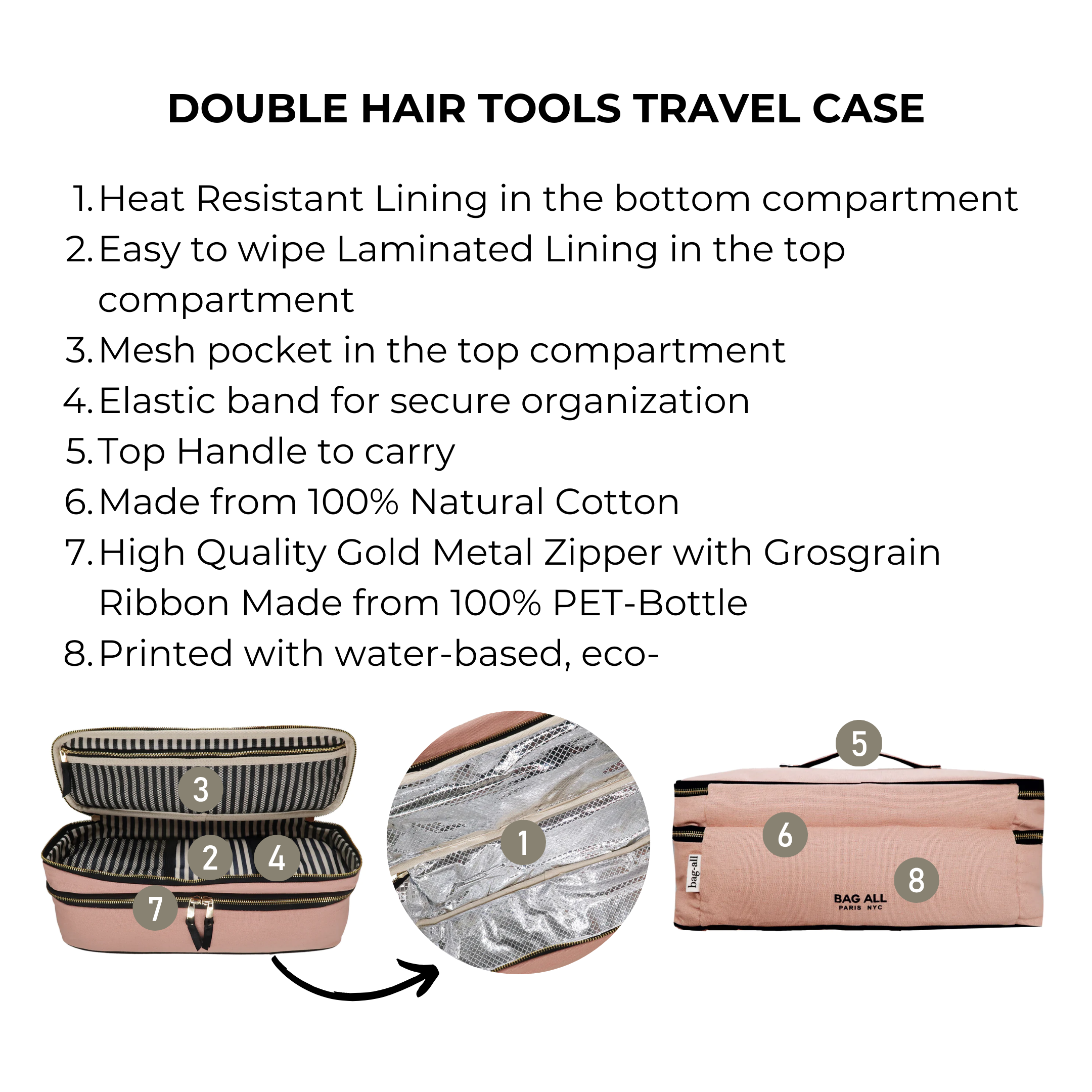 Bag-all Double Hair Tools Travel Case in Pink/Blush features heat-resistant lining, mesh pocket, elastic bands, and premium gold zipper for secure storage and travel organization of Dyson Airwrap and styling tools