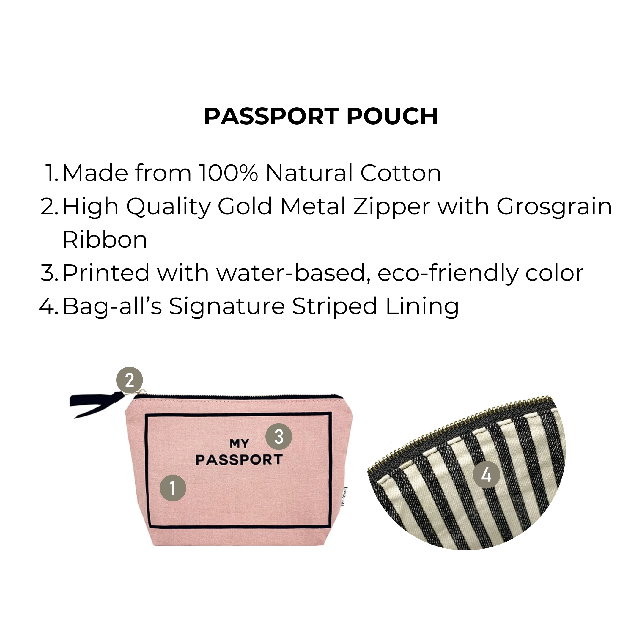 Carry On Essentials Deal Gift Set, 3-Pack Passport, Liquid & Makeup Organizer, Pink/Blush with Bag-all's natural cotton passport pouch featuring gold zipper and eco-friendly print.