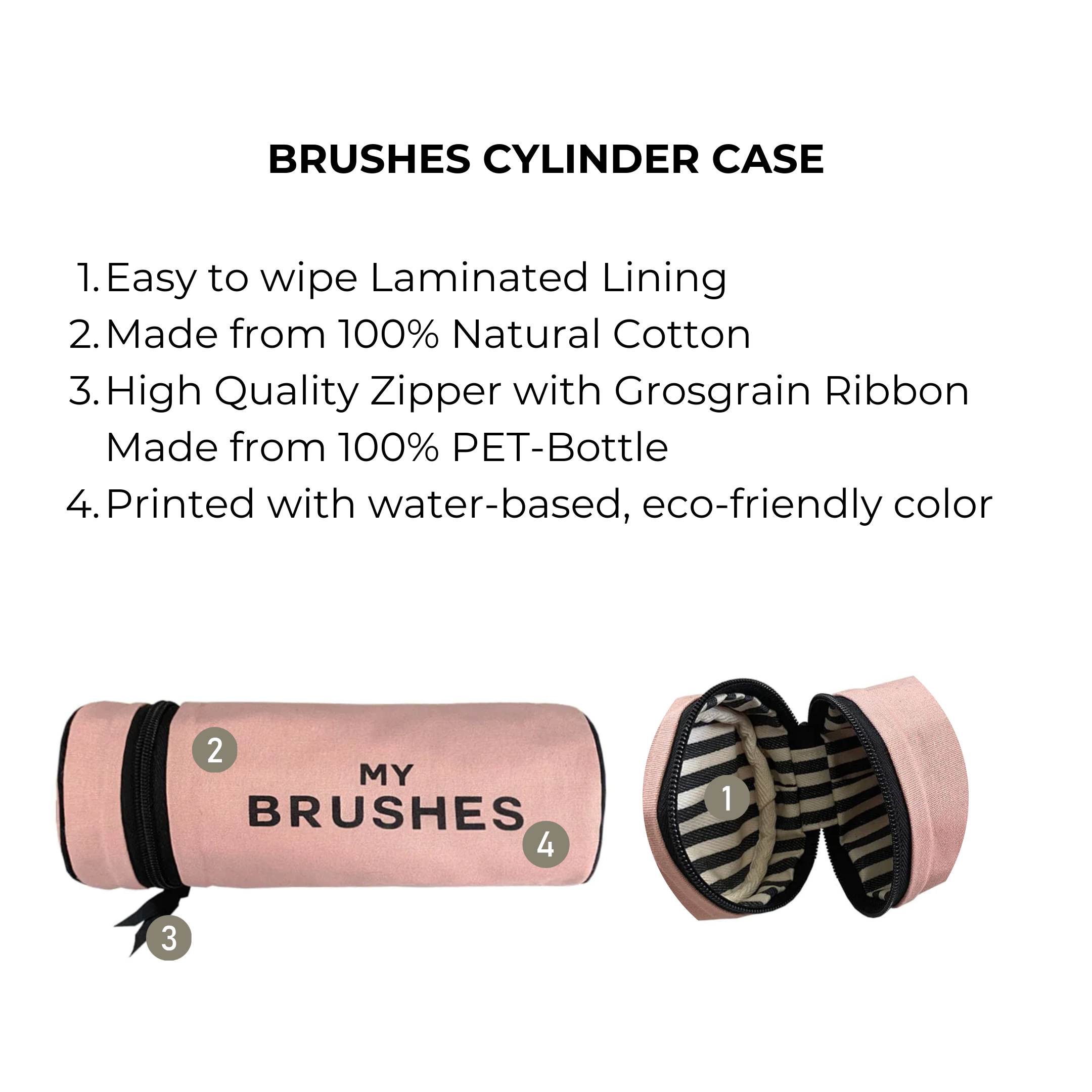 Bag-all Pink Brushes Cylinder Case with striped interior lining, eco-friendly cotton construction, and durable zipper closure for makeup and hair brush organization