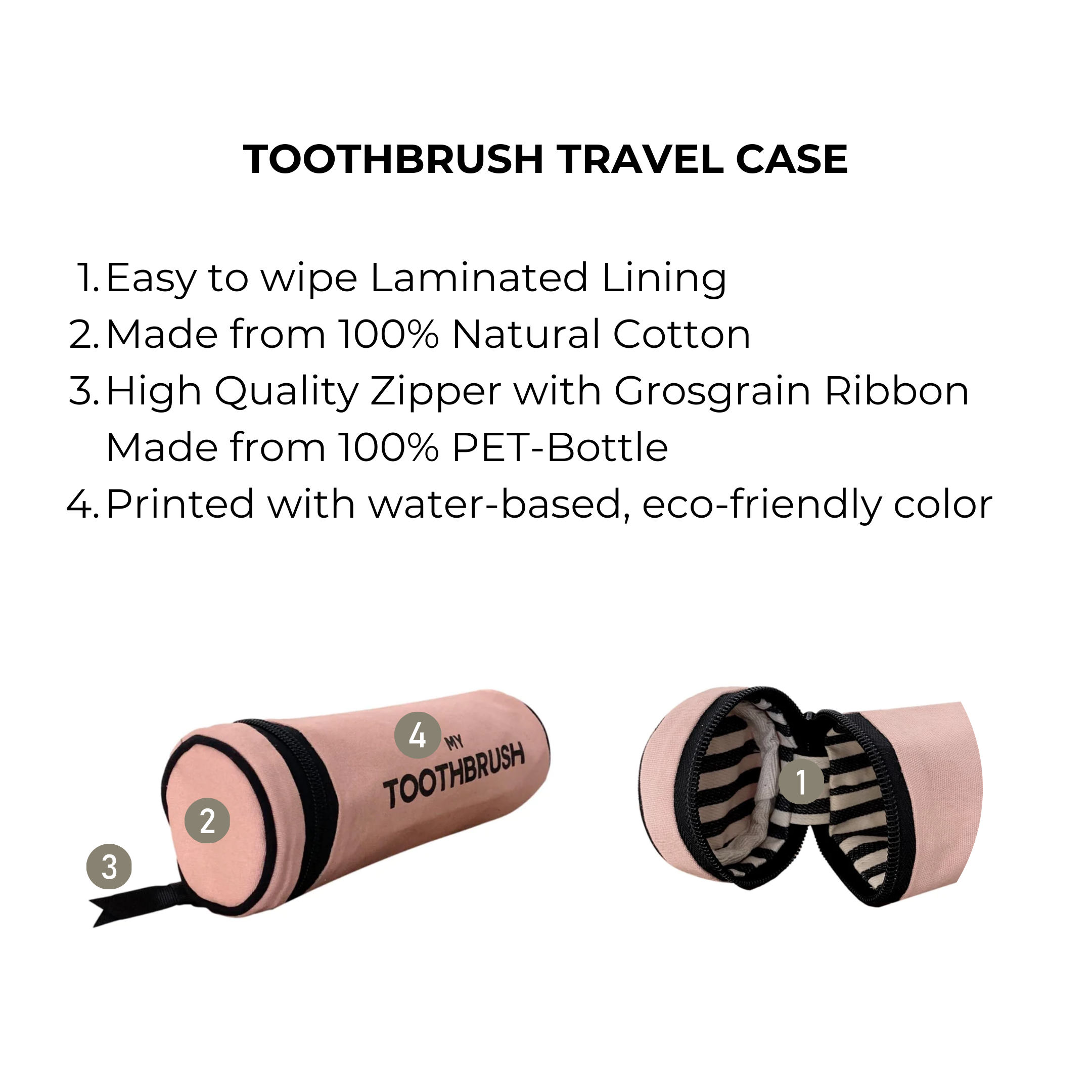 Bag-all Pink Toothbrush Travel Case featuring eco-friendly cotton construction, laminated interior, and premium zipper closure. Holds multiple toothbrushes with water-resistant protection. Sleek cylindrical design in blush pink.