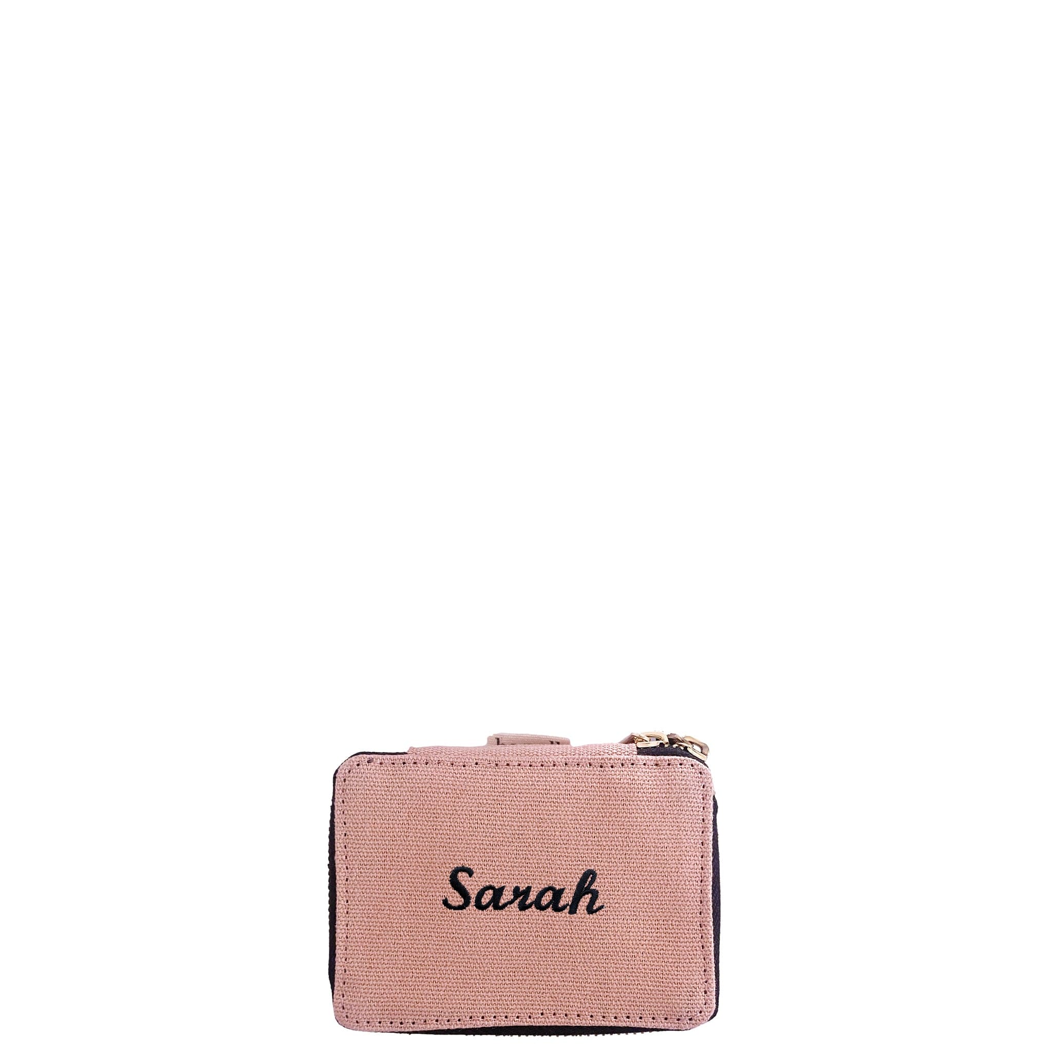 Bag-all Pink Jewelry Trinket Box with personalized monogram name, featuring gold zipper and striped interior lining, perfect for organizing small accessories