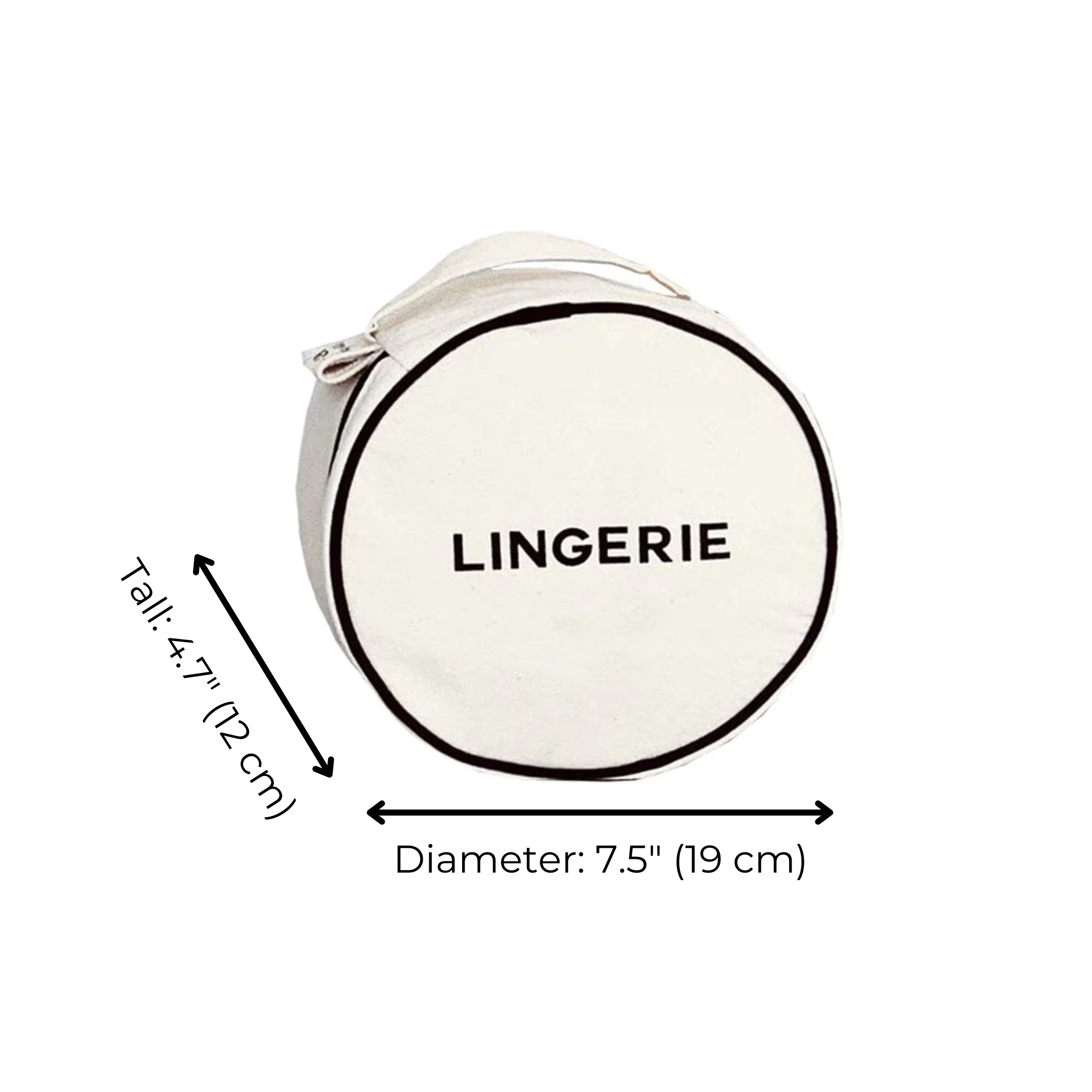Bag-all Round Lingerie Case in cream color with black text, circular design measuring 7.5 inches, featuring dual zipper pulls for easy access during travel