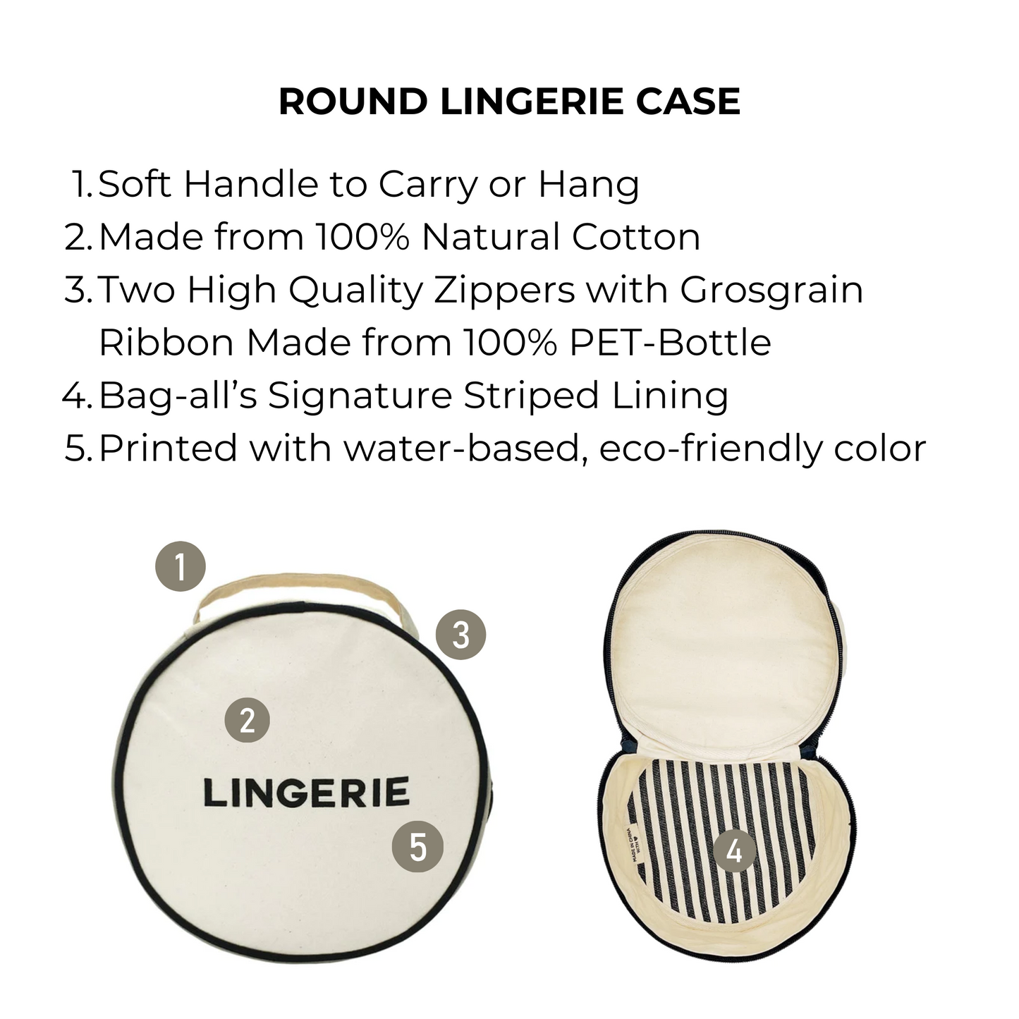 Bag-all Round Lingerie Case in Cream featuring natural cotton construction, striped interior lining, dual zippers, and soft carry handle. Perfect for organized travel storage.