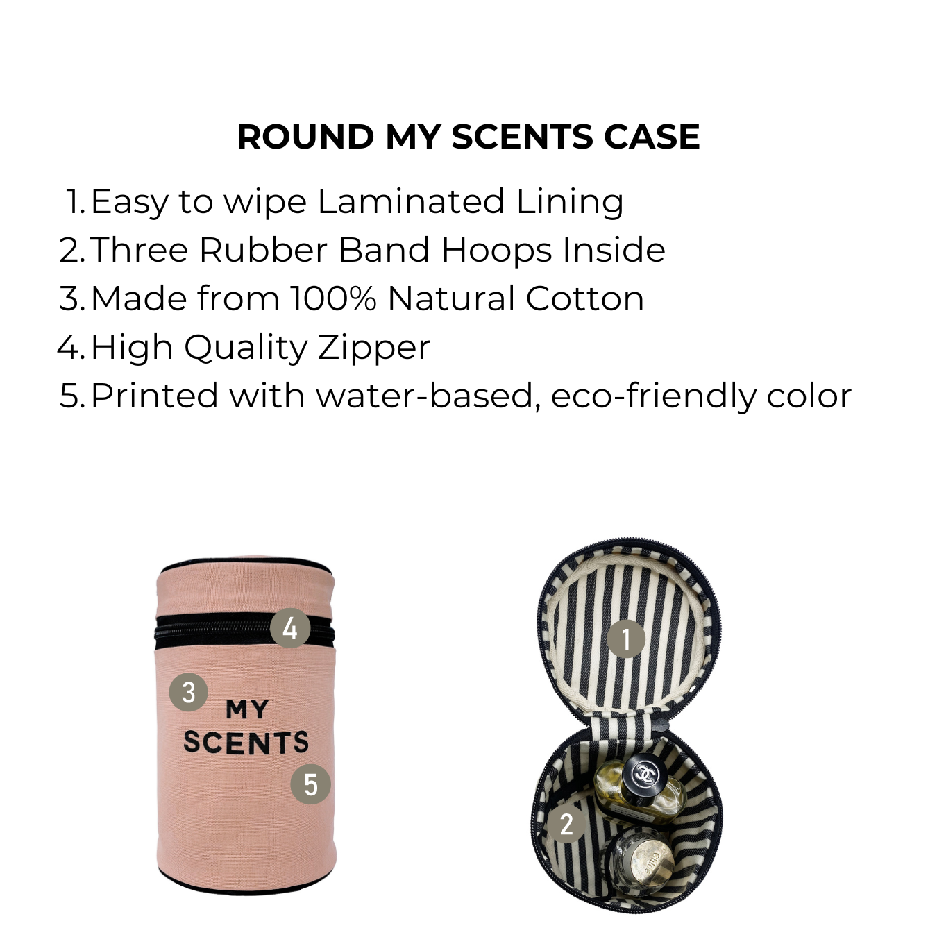 Bag-all Round My Scents Case in Pink/Blush - Cylindrical cotton organizer with laminated lining, rubber bands and striped interior for perfume storage. Features eco-friendly materials and secure zipper closure.