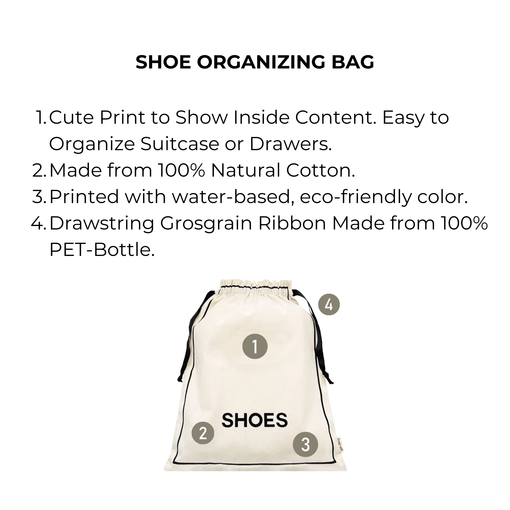 Bag-all Couture Shoe Travel Bag in cream cotton with eco-friendly shoe print, drawstring closure, perfect for organized travel and storage, made from sustainable materials