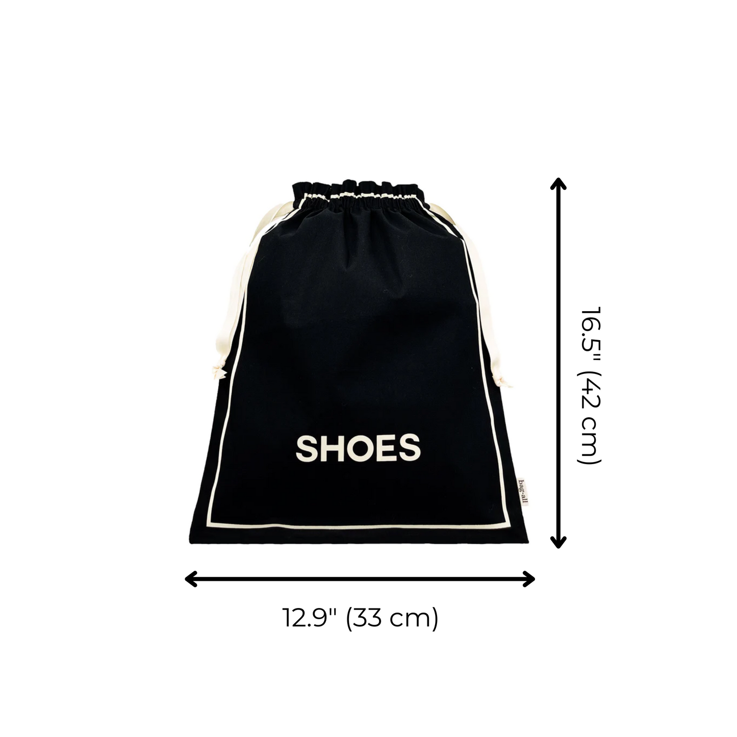 Bag-all Couture Shoe Travel Bag in classic black cotton with white SHOES text and trim, measuring 16.5x12.9 inches, perfect for organized footwear storage and travel
