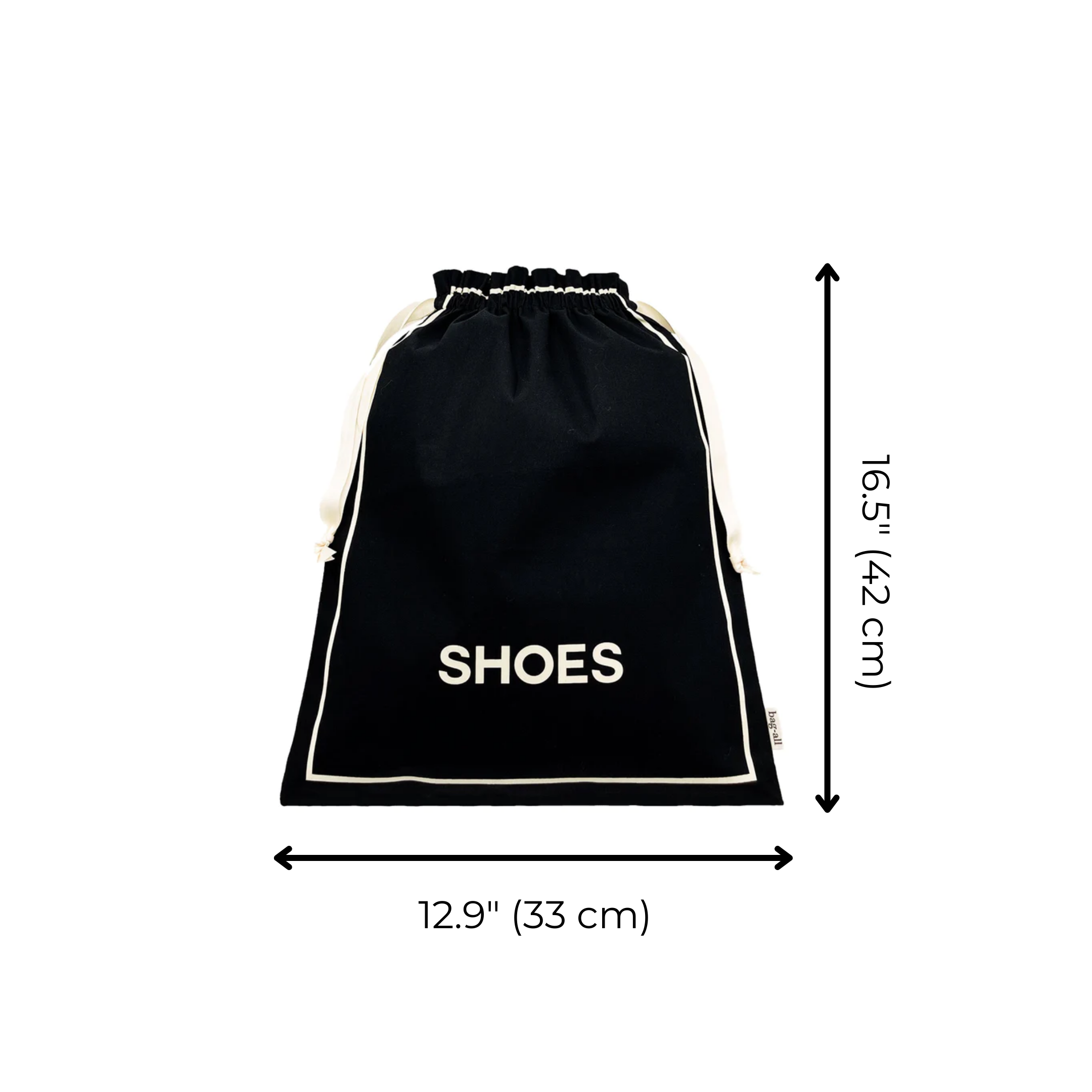 Bag-all Couture Shoe Travel Bag in classic black cotton with white SHOES text and trim, measuring 16.5x12.9 inches, perfect for organized footwear storage and travel