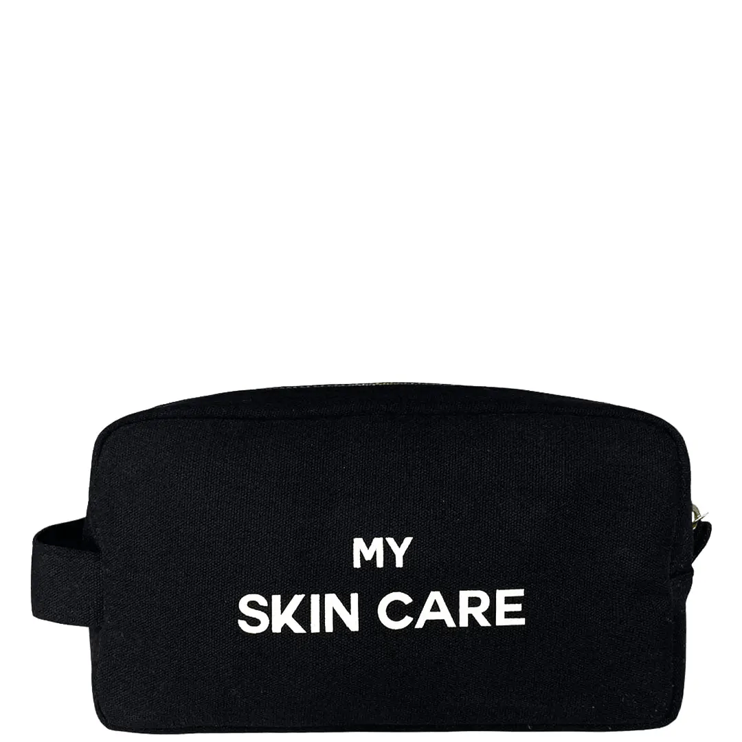 Bag-all My Skin Care Organizing Pouch in black cotton with waterproof lining, gold zipper and white text, perfect for bathroom storage and travel