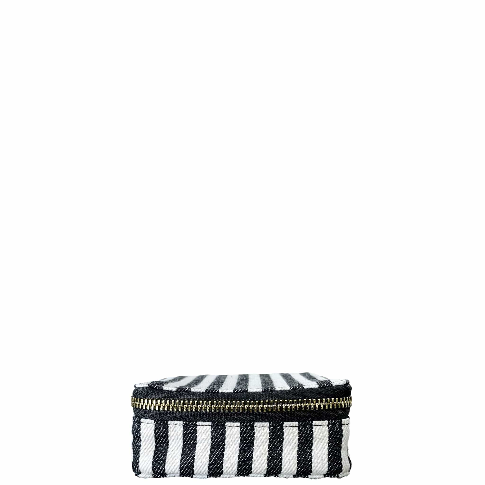 Bag-all Striped Jewelry Box with gold zipper - compact travel organizer for trinkets and accessories in black and white stripes pattern